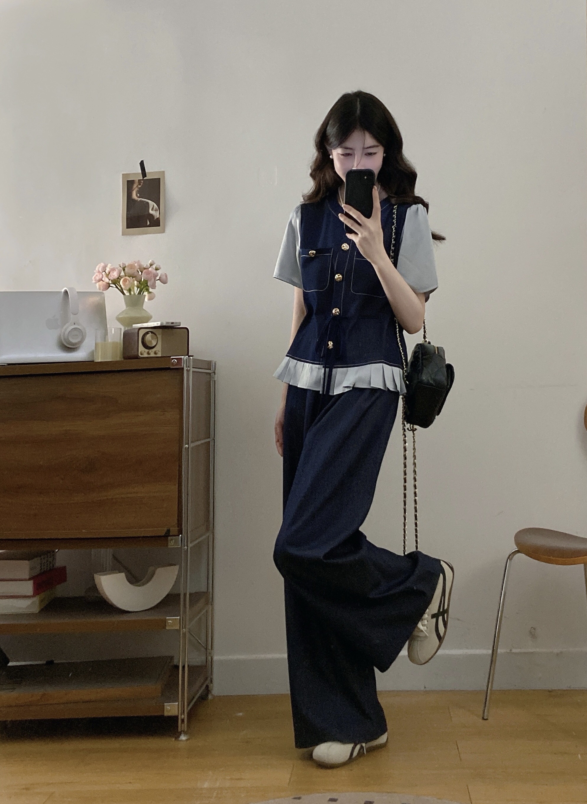 B31(3089) 韩版时尚天丝JEANS撞色袖与百褶下摆上衣与长裤蓝套装