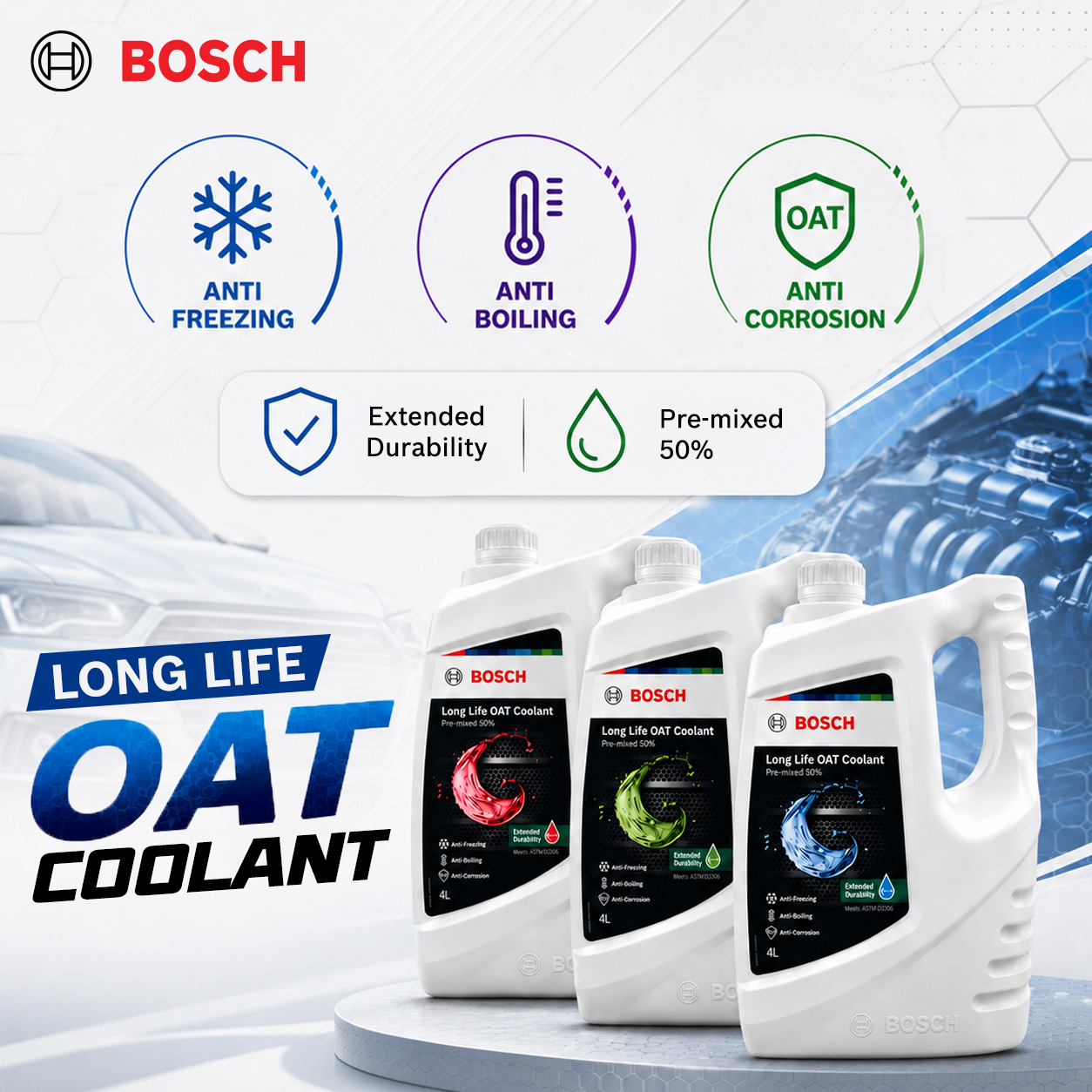 Bosch Long Life OAT Coolant Pre-mixed 50% (4L) - Green / Red/ Blue