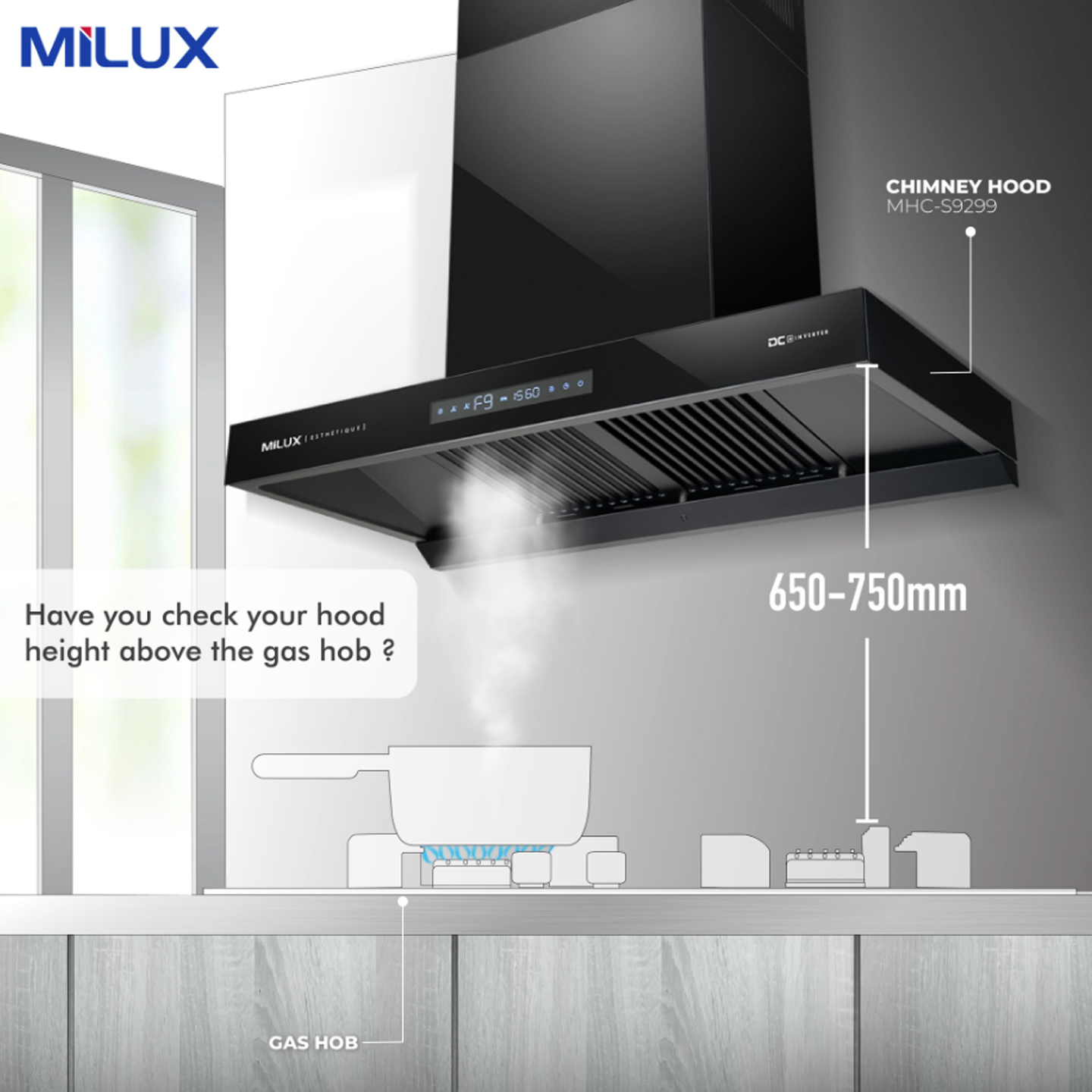 Milux 1500m³/hr Esthetique Chimney Hood (MHC-S9299)