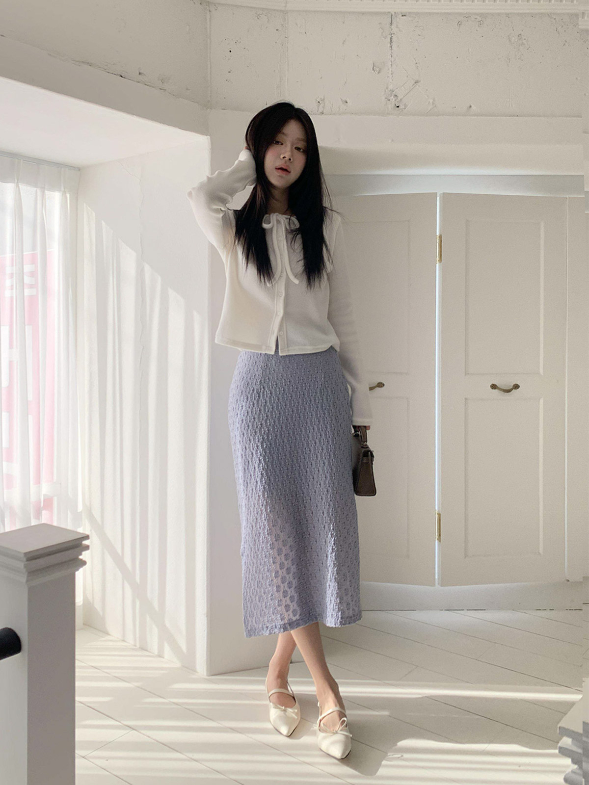 ♡ 暗 花 皺 皺 長 裙 。