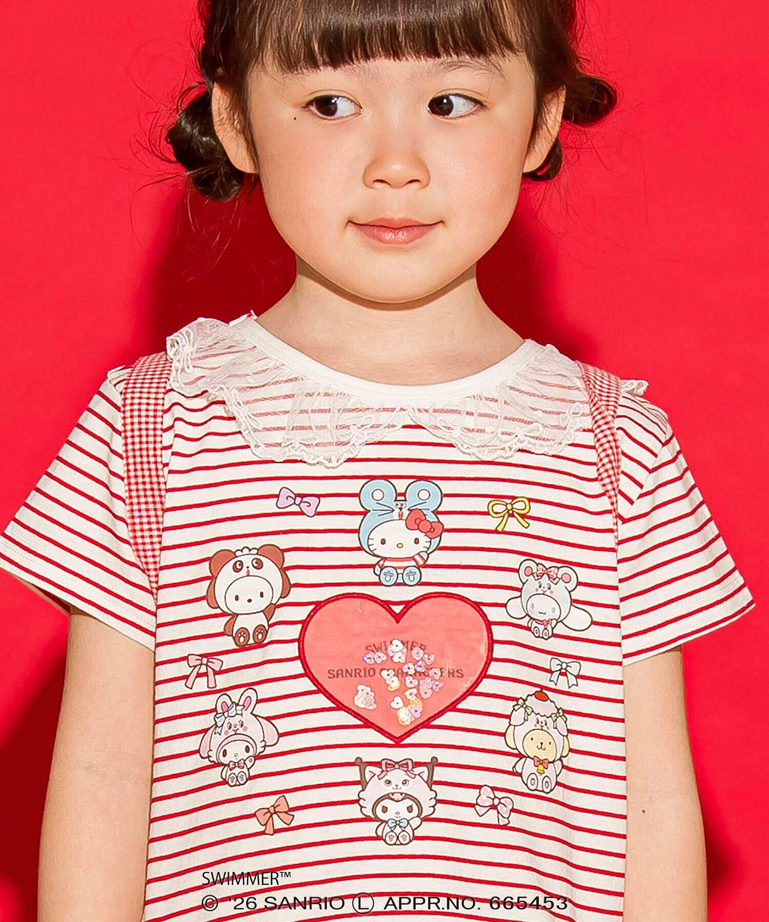 🇯🇵預訂 日本直送🇯🇵Slap Slip x Swimmer x Sanrio系列兩色人物印花亮片愛心蕾絲荷葉邊領口條紋短袖上衣