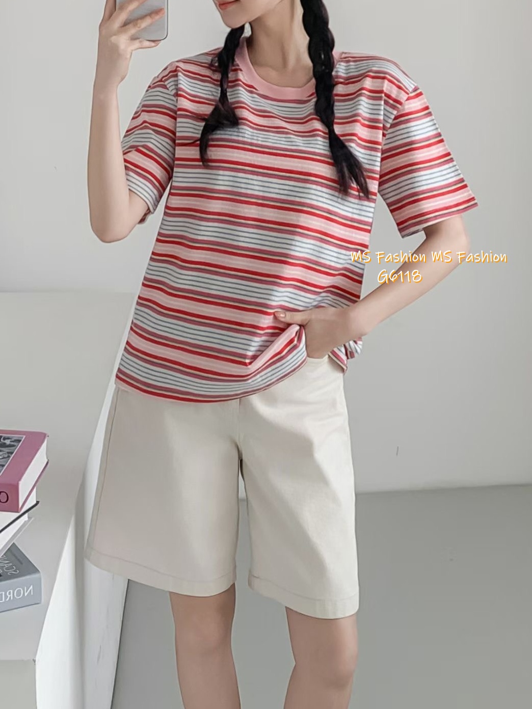 G6118 韓國🇰🇷拼邊領橫間tee