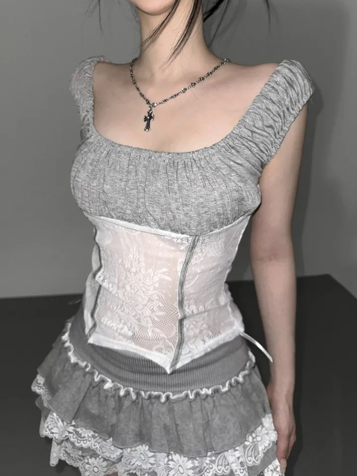 Ruched Sheer Lace Panel Corset Top