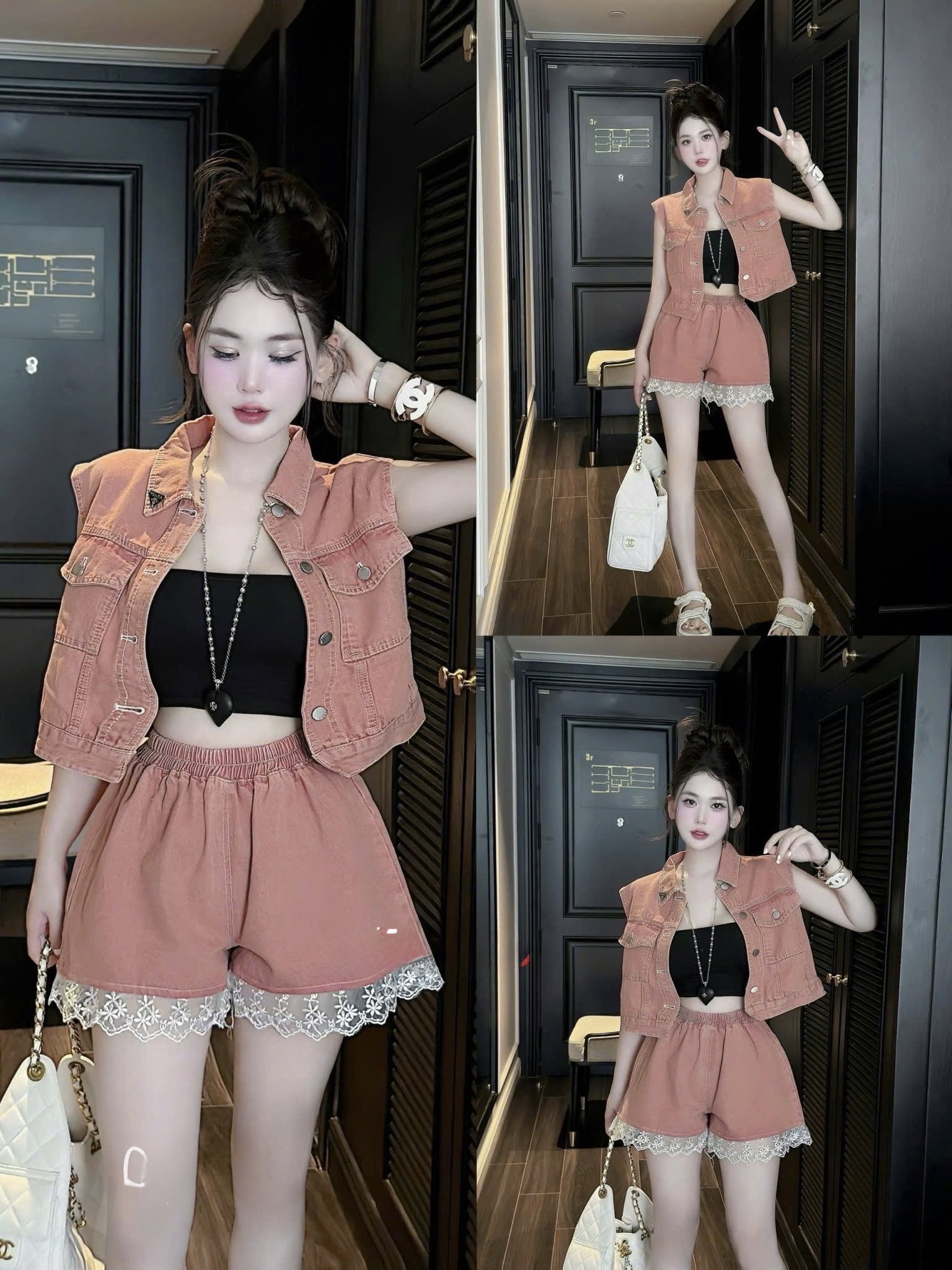 牛仔露臍上衣和蕾絲邊短褲三件套