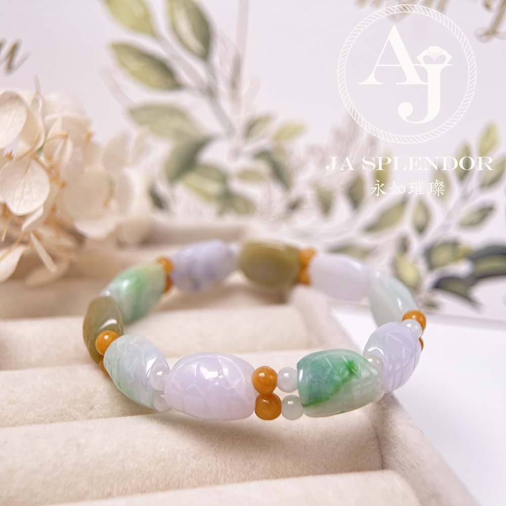 OF-06-I 天然翡翠A玉 - 冰潤三彩長壽吉祥龜貝手串(特價處理不設退換)