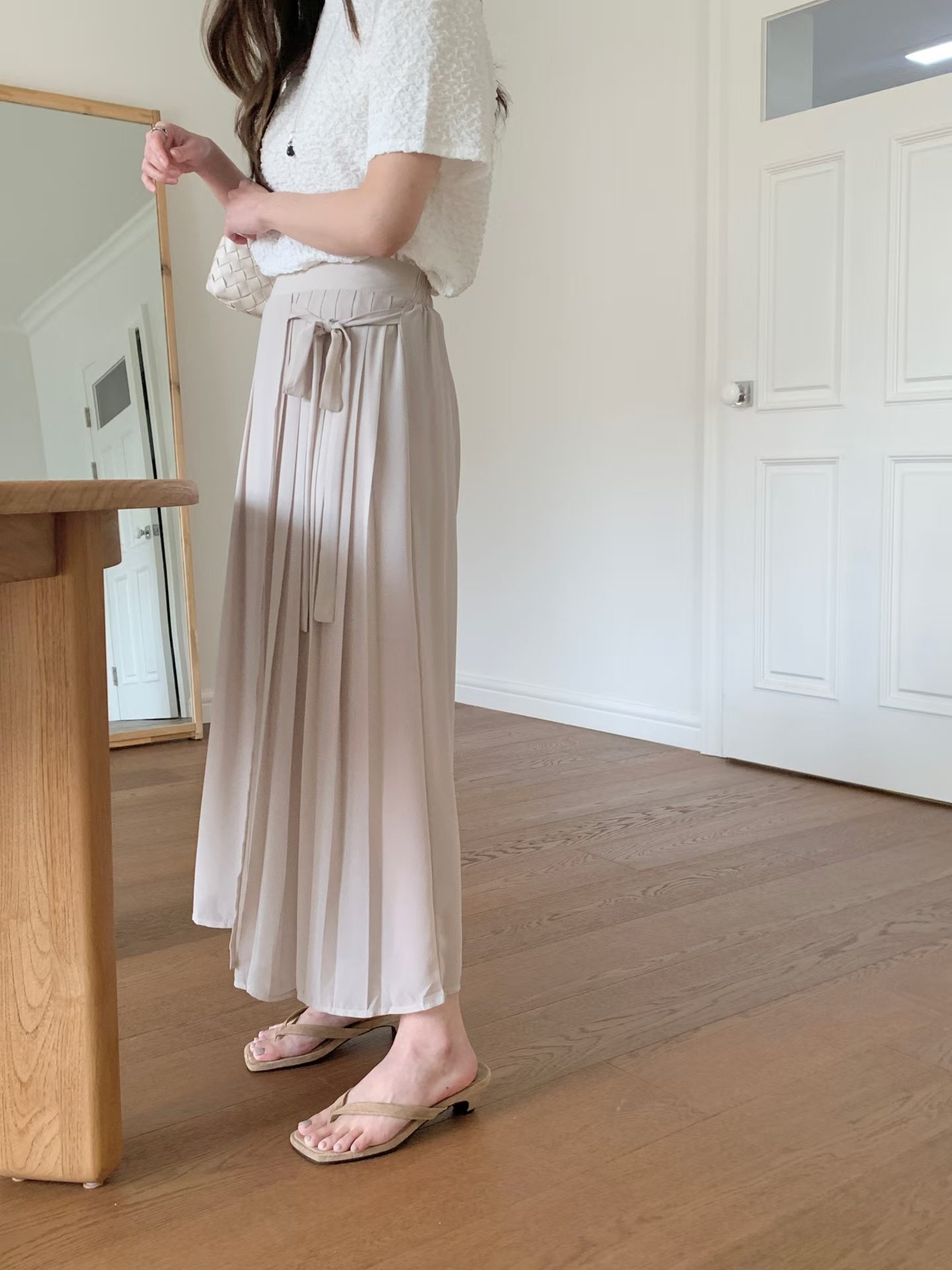 CT23 飄逸雪紡壓褶繫帶高腰寬裙褲