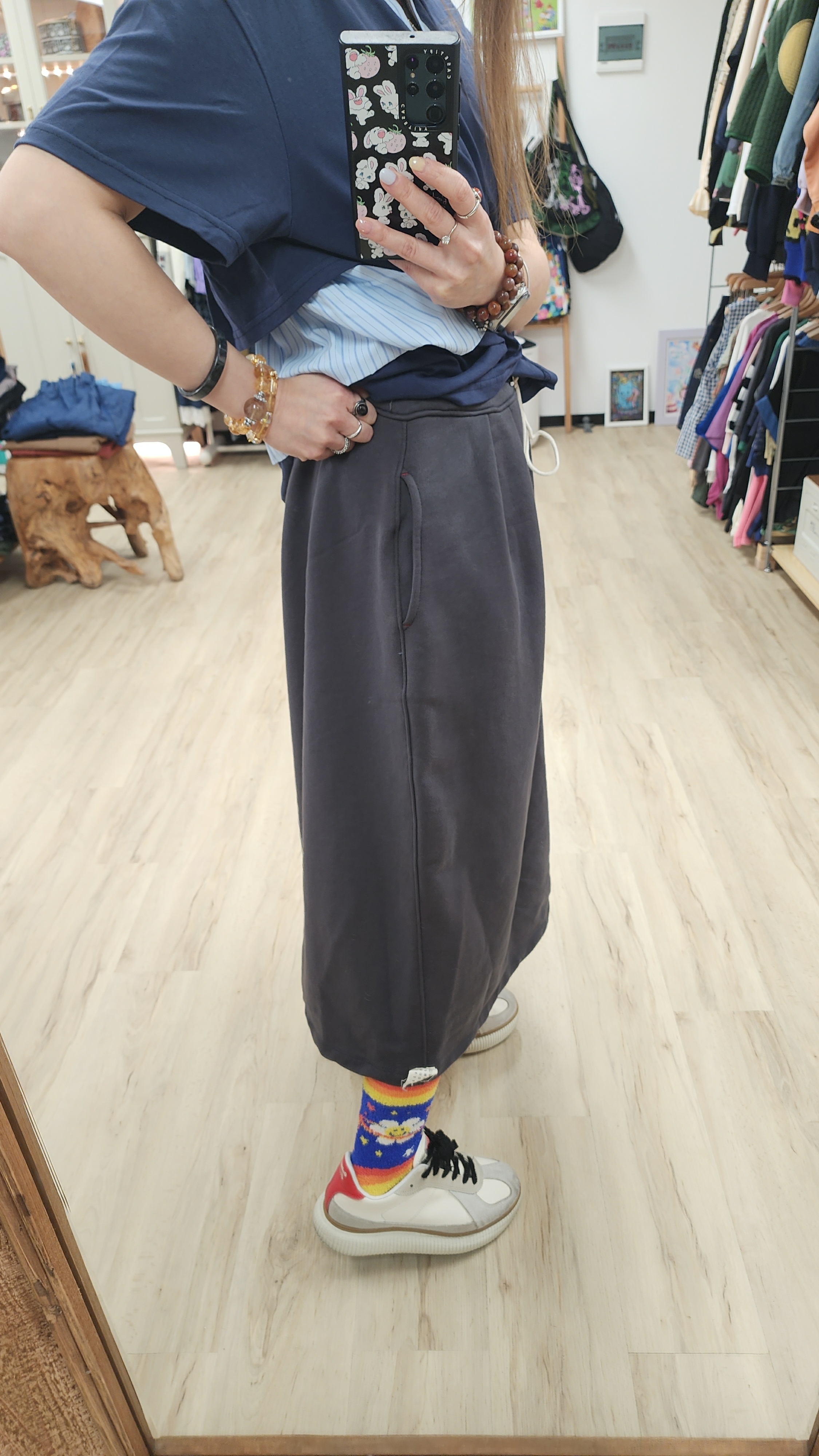 韓國炭灰綁繩棉料中長裙