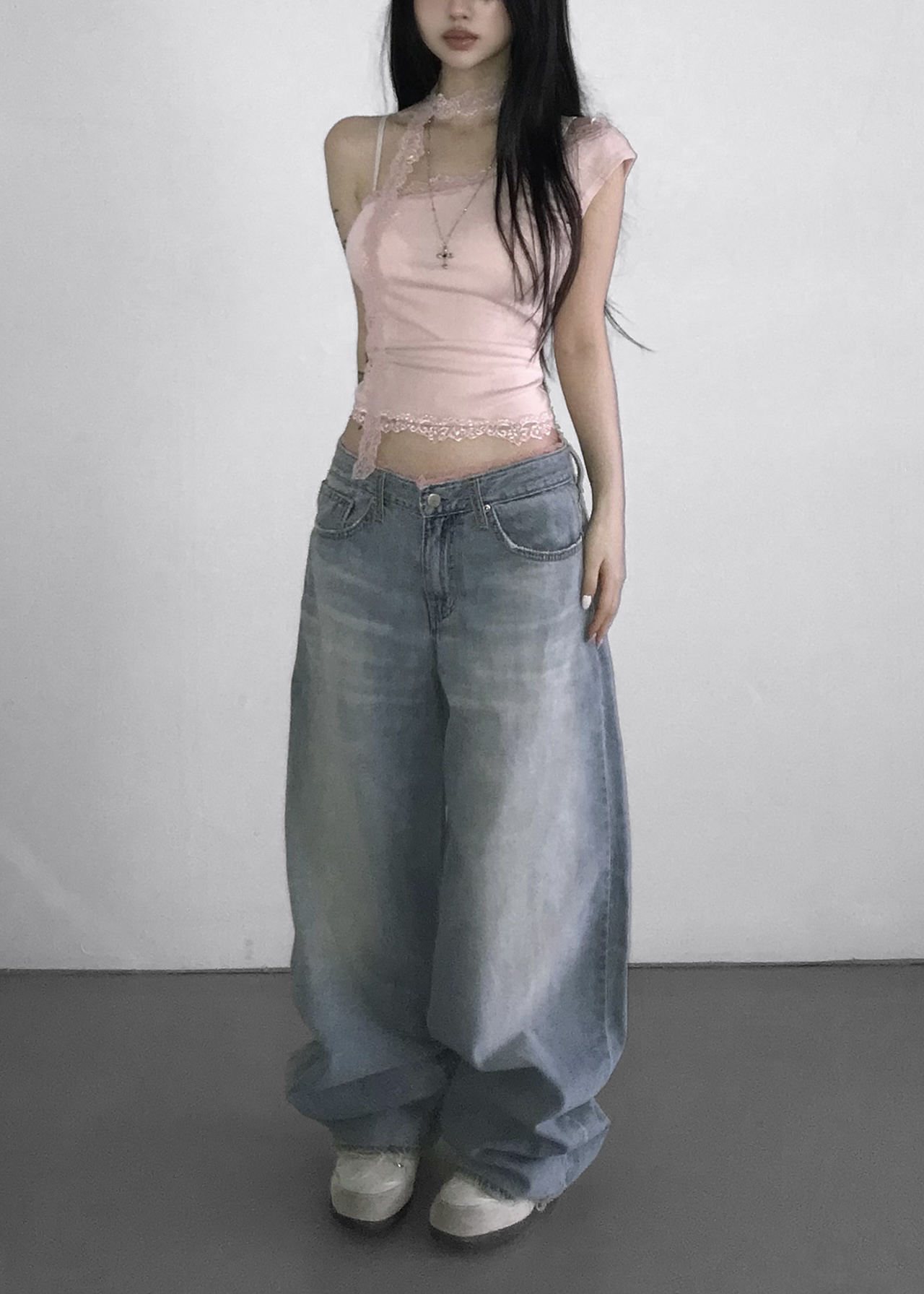 Lace Trim Layered Wide Leg Denim