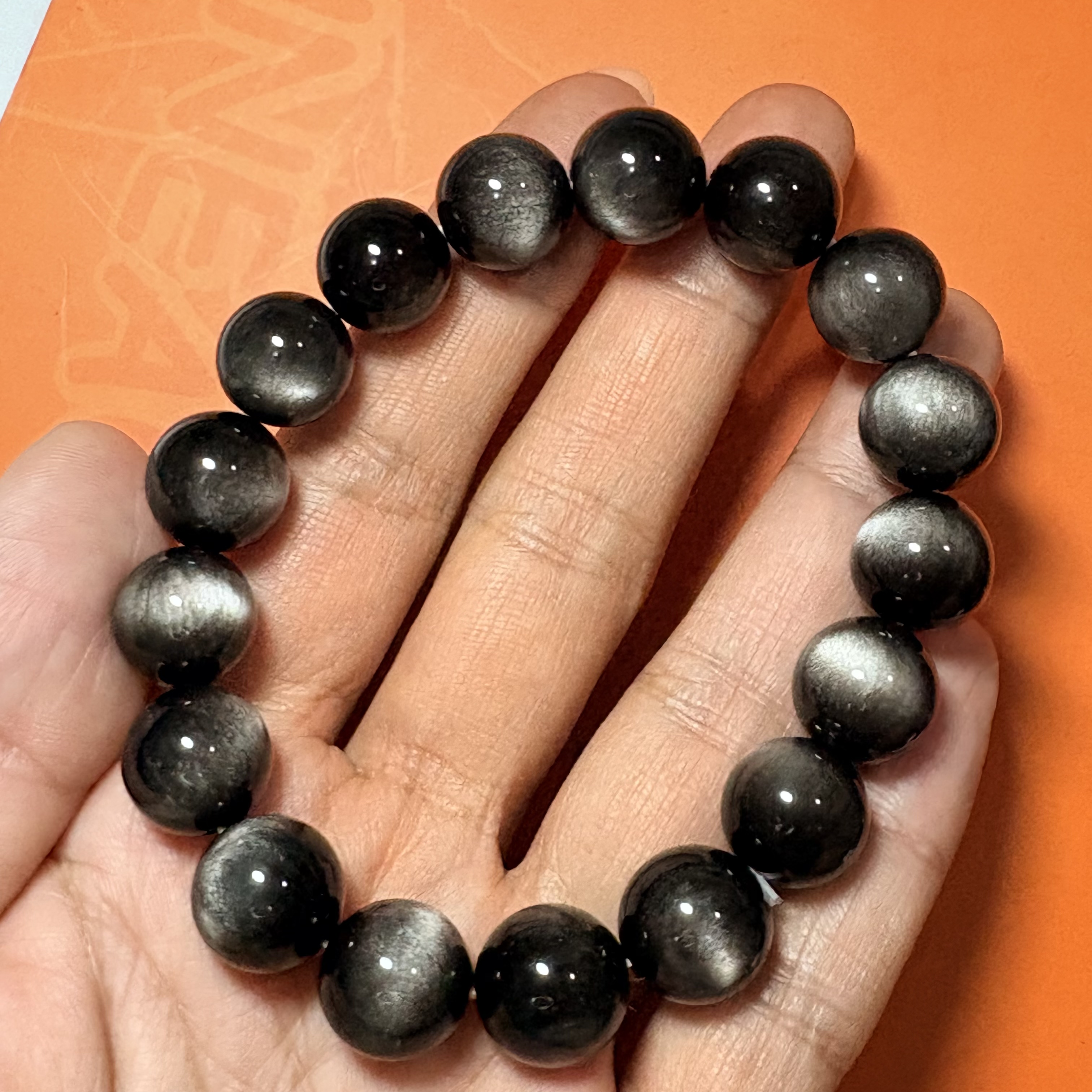 銀黑曜石手串No.4591丨精品貓眼級✨丨12mm珠16.5-17cm手圍