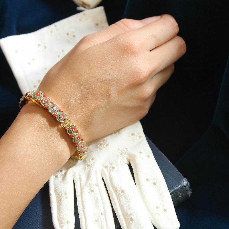 C.a. 1950-60s New Old Stock Italian Mosaic Link Bracelet -Flower with Branch - Grey x Red(FA210)