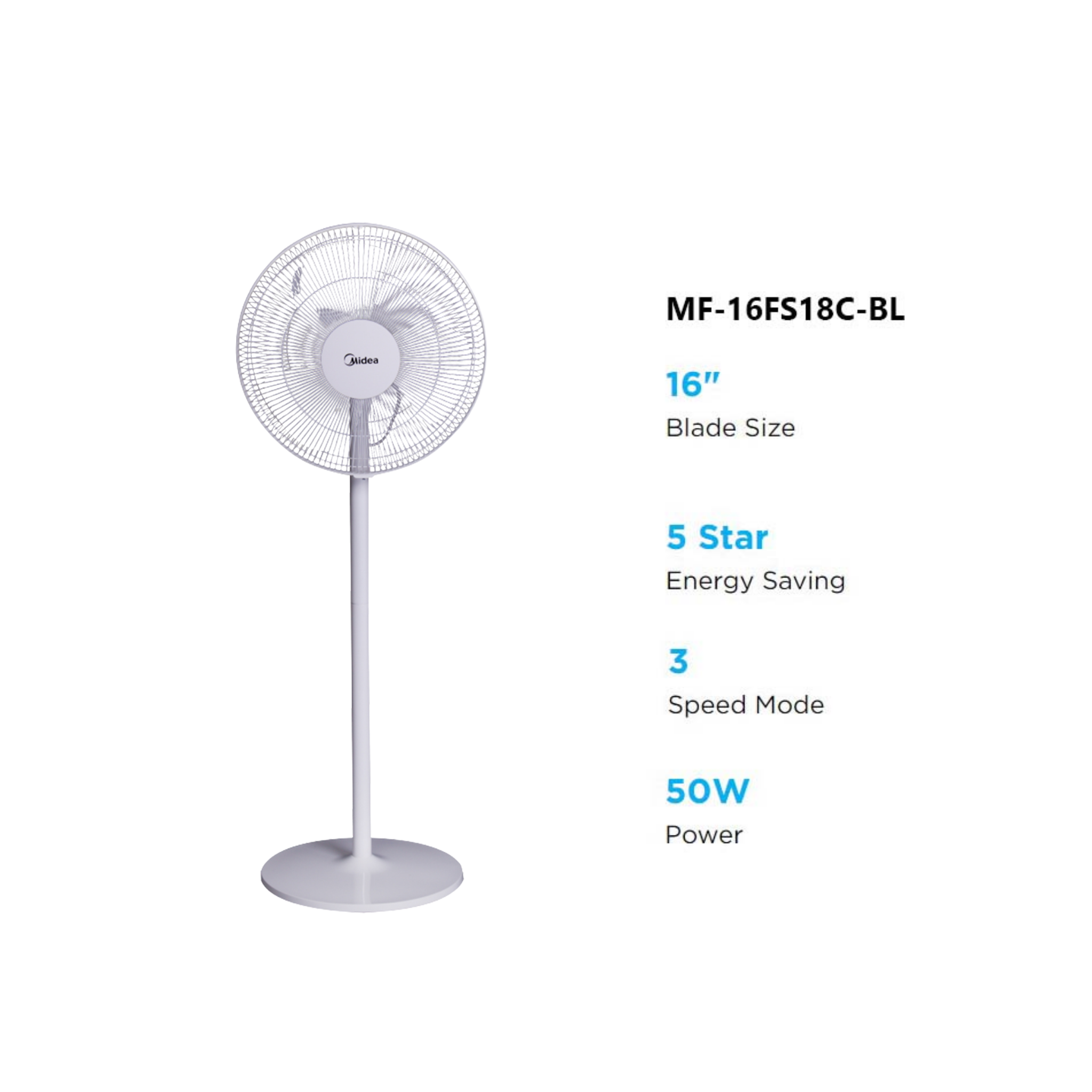 Midea 16" 2 In 1 Stand Fan With 5 Blades, 8 Speed Levels, Timer & Remote Control (White) MF-16FS18BR