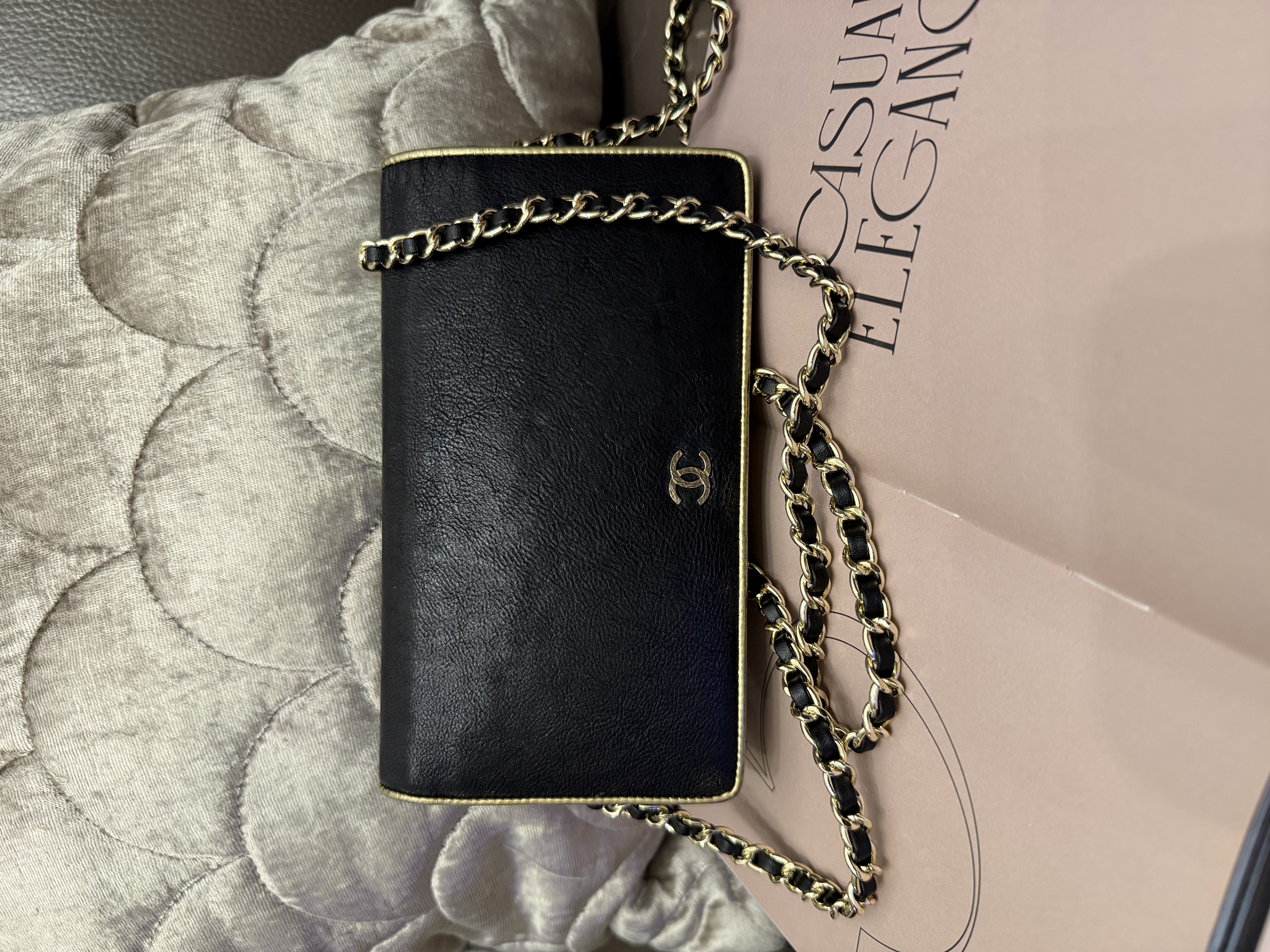 Chanel black champagne gold long wallet