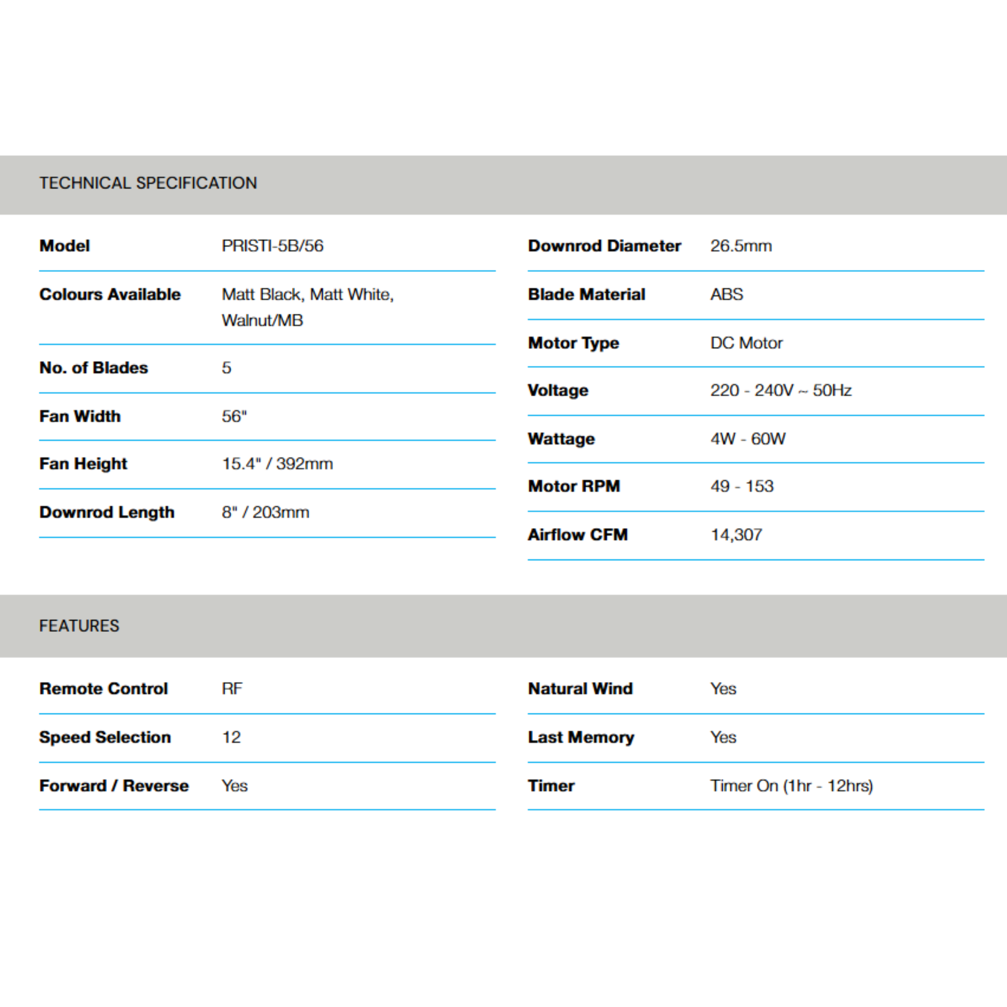 Alpha 56" Pristi DC Motor ABS Ceiling Fan (PRISTI-5B/56)