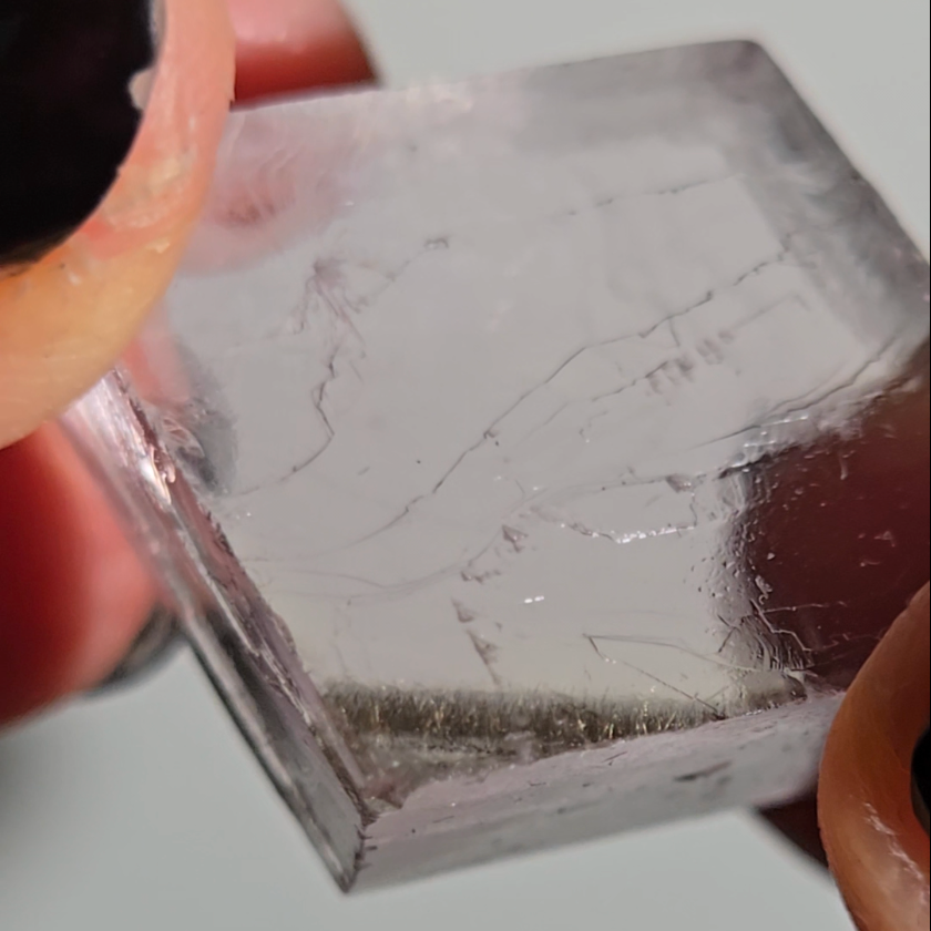 Purple calcite cube with silver rutiles - PC7