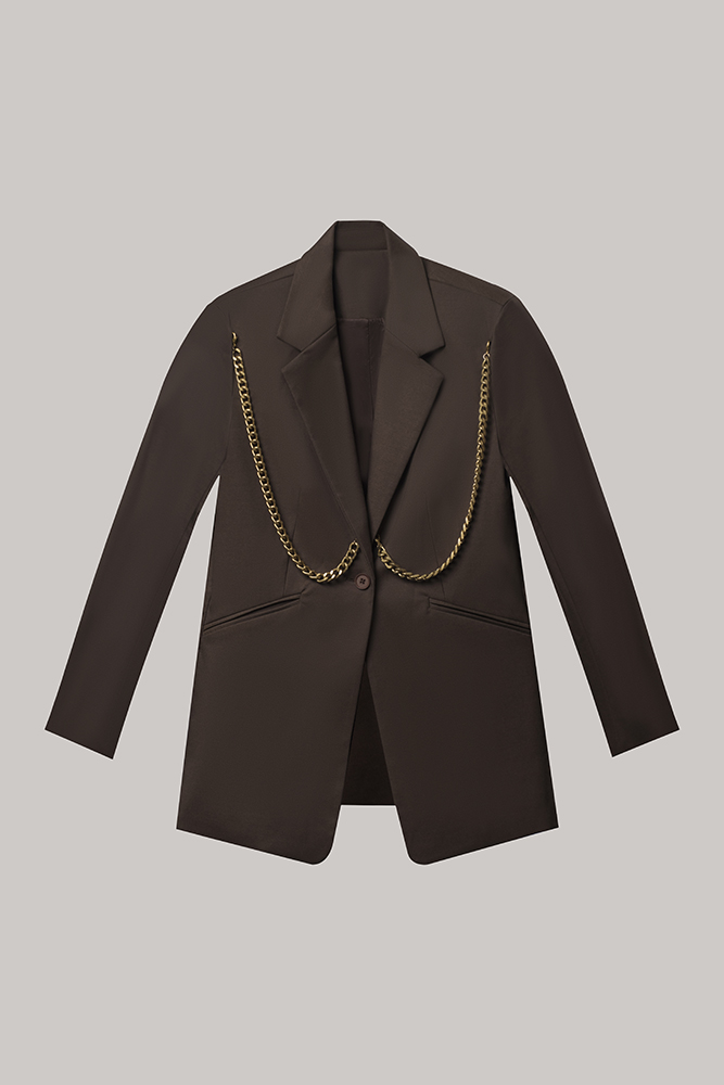 Chocolate Brown Chain-Detail Tailored Blazer