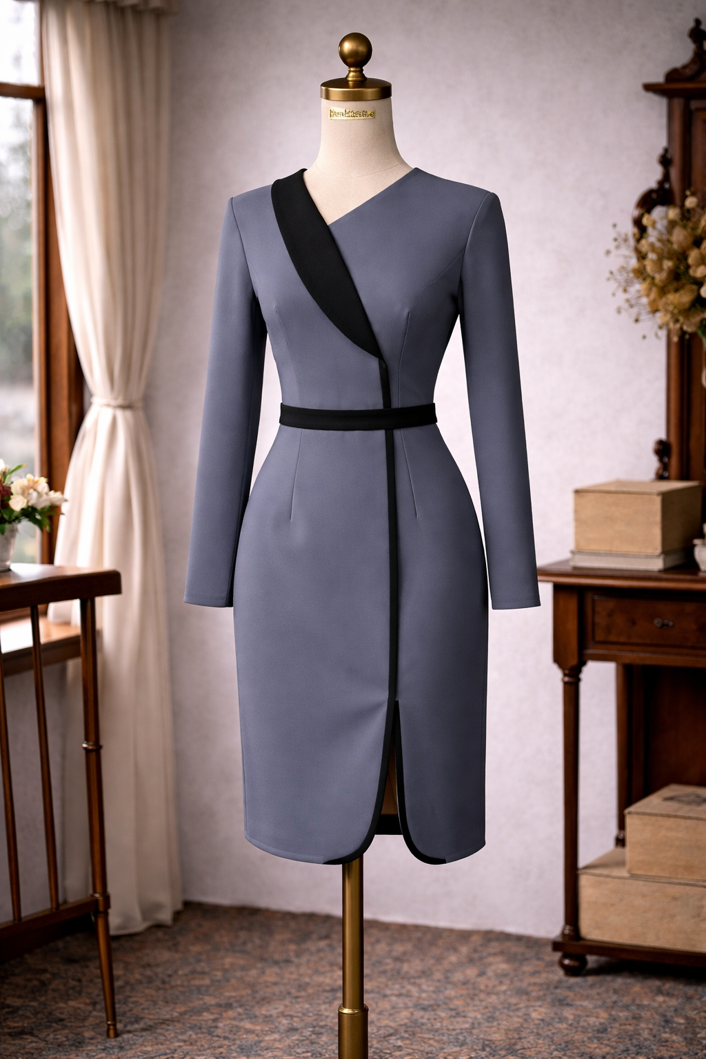 (Ready Made) 1950s Inspired Two-Tone Linear Highlight Wiggle Dress - Grey x Black (FM201)