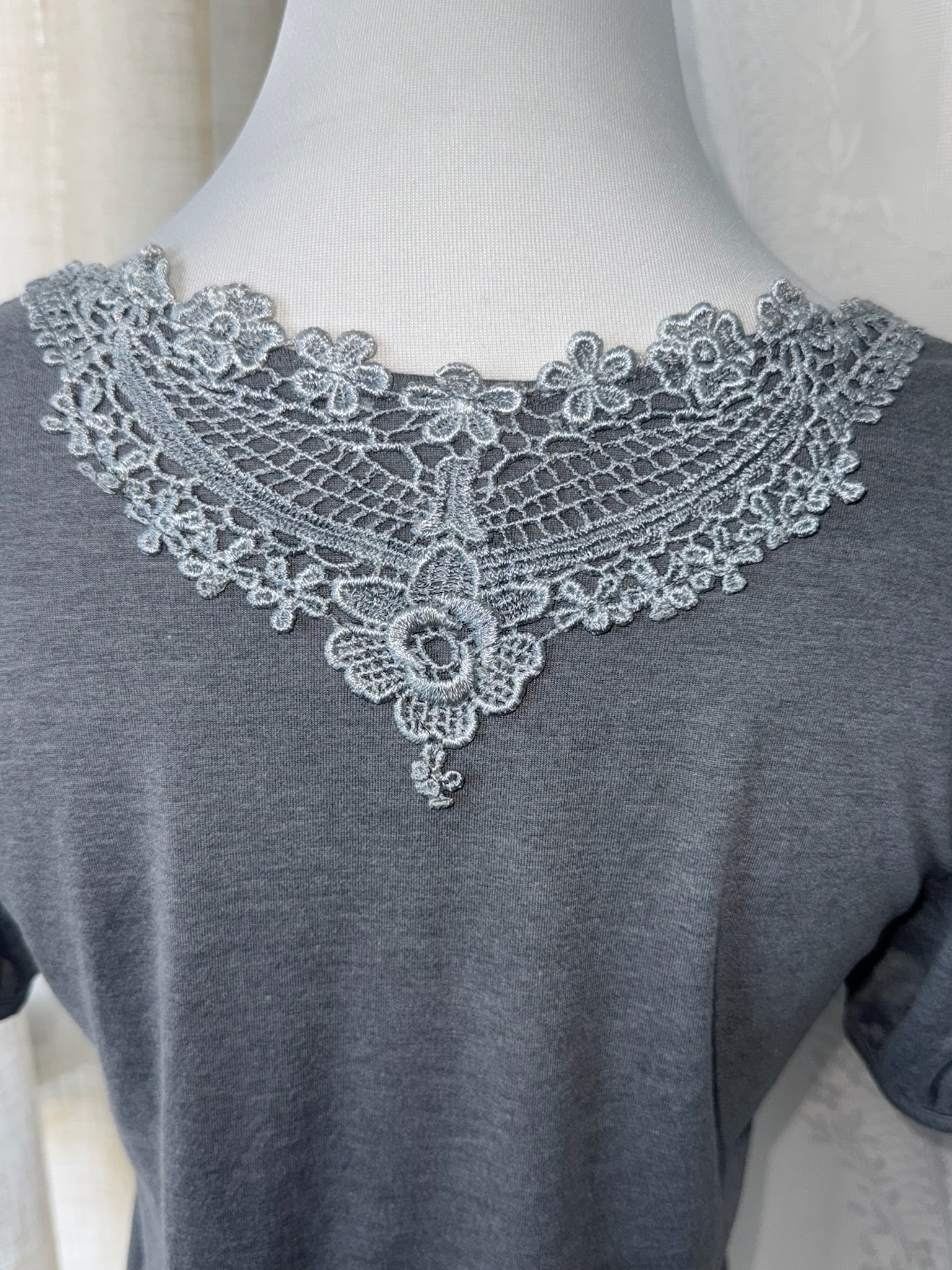 Axes Femme Grey Short Sleeve Top with Lace Neckline