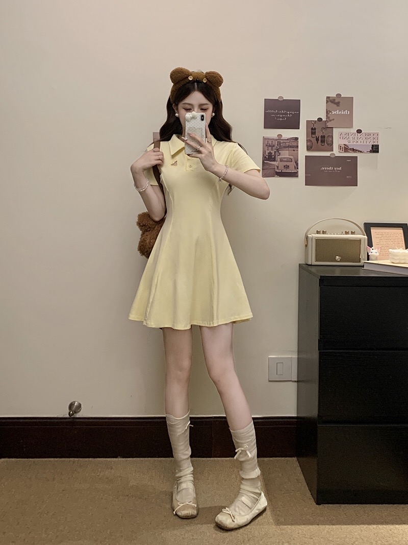 B309(22012) 韩版甜美风POLO领前后镂空KITTY 3色连身裙