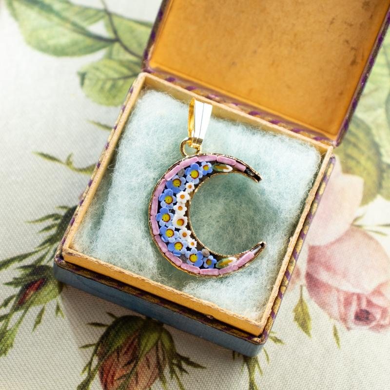 Modern Italian Mosaic Romantic Floral Moon Shape Pendant Necklace(ITMA50)