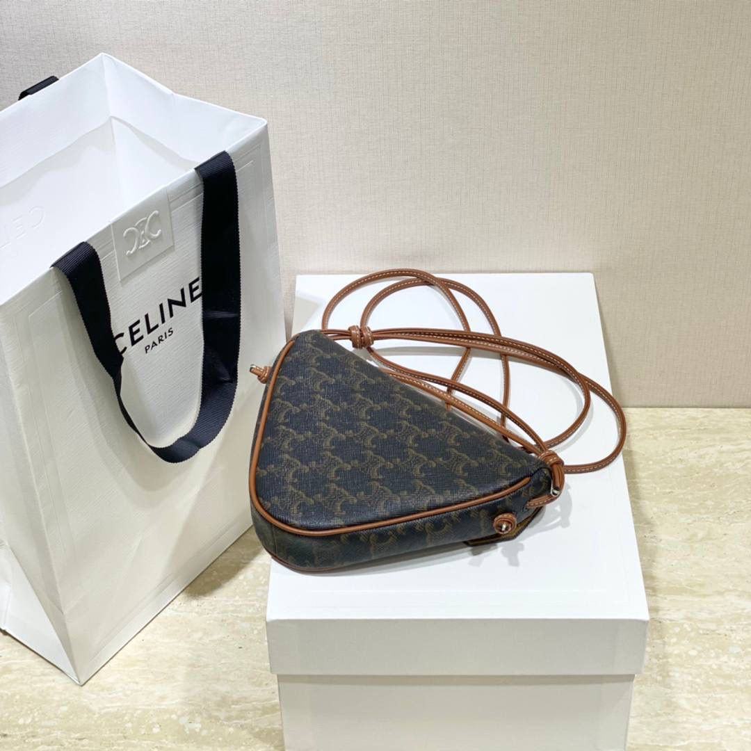 🔥大货实拍图 𝗖𝗘𝗟𝗜𝗡𝗘 ♥ 𝗧𝗥𝗜𝗢𝗠𝗣𝗛𝗘 𝗖𝗔𝗡𝗩𝗔𝗦 三角形手袋 𝑪𝒆𝒍𝒊𝒏𝒆2021春夏竟出其不意的玩起了异形包，三角形造型很是别致，彰显不羁姿态，男女同款，吸晴选手✔ 型号：195902 尺寸：21*15*4cm