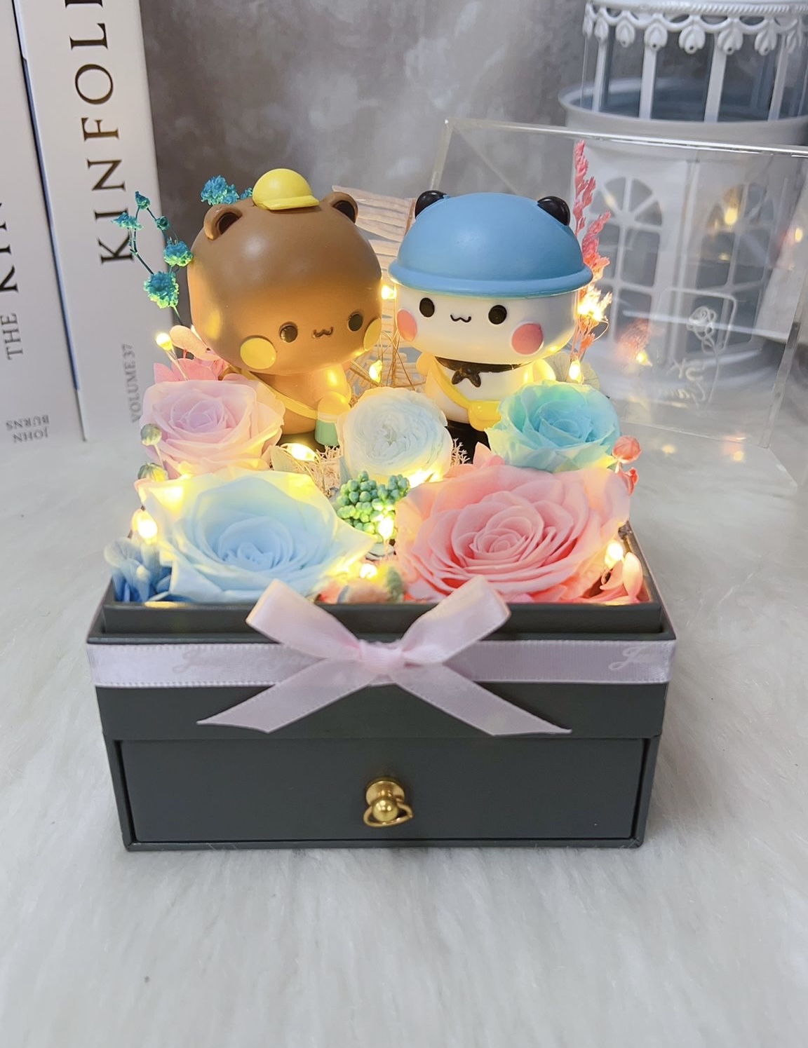 一二布布粉紅藍玫瑰永生花花盒