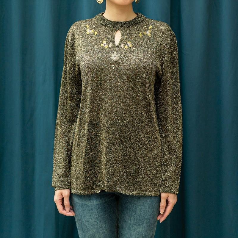 C.a. 1990s Stretchy Metallic Top with Machine Embroidery - Free Size (MT1515)