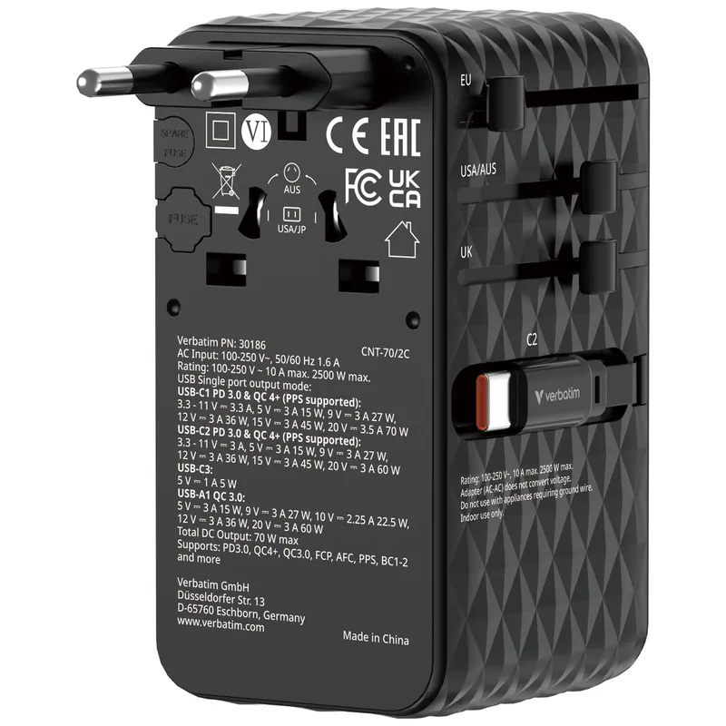 香港行貨 2年保養  Verbatim 威寶 Charge 'n' Travel Diamond 70W 通用旅行轉插(附雙USB-C可伸縮充電線) (CNT-70/2C) 30186