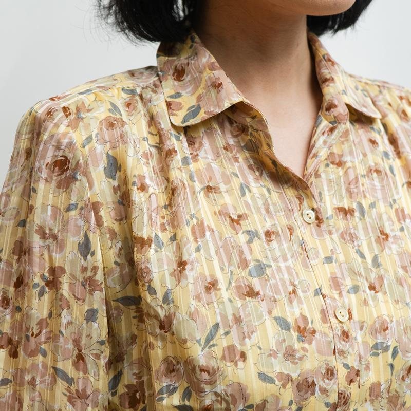 Vintage Japanese Cream Yellow Chiffon Long Sleeve ShirtDress with Original Belt(MT1608-87)