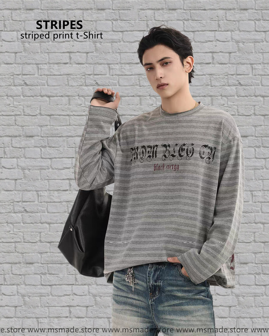 W44復古條紋印花T恤