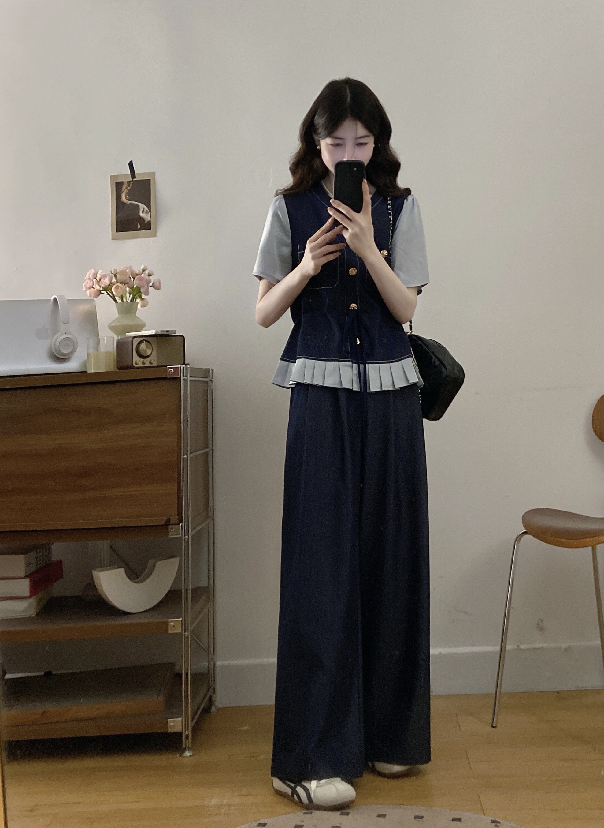 B31(3089) 韩版时尚天丝JEANS撞色袖与百褶下摆上衣与长裤蓝套装