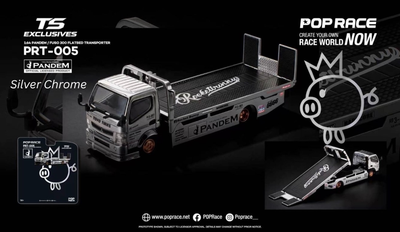 (預訂 Pre Order) POPRACE x TOKYO STATION (PRT005) 1/64 PANDEM FUSO 300 FLATBED TRANSPORTER SILVER CHROME