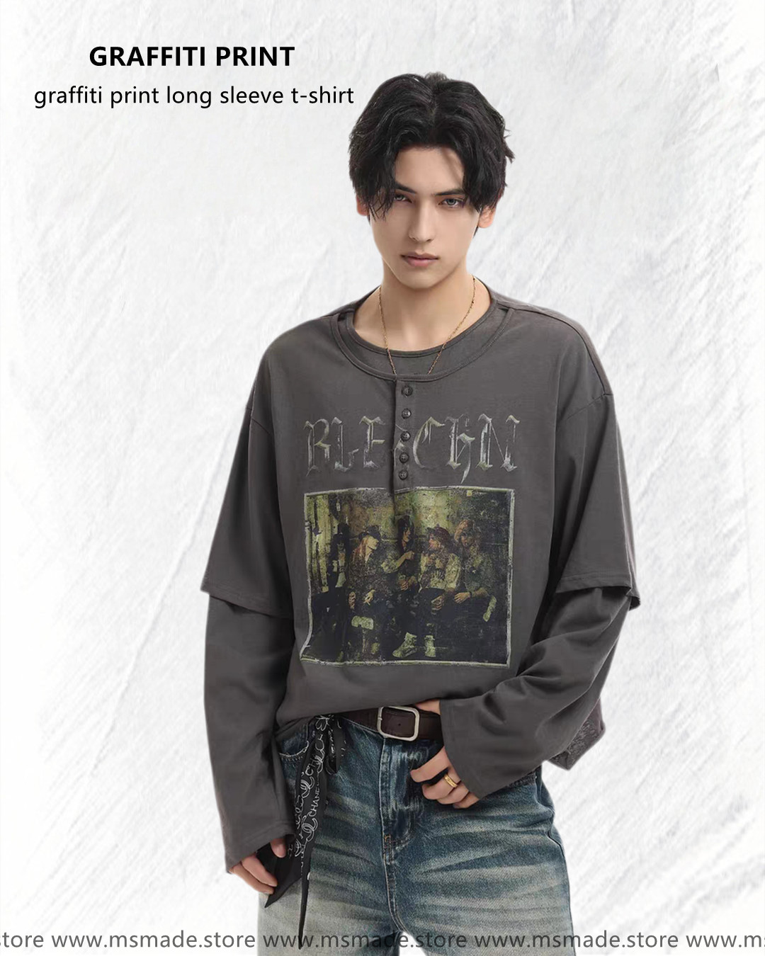 M39人物印花假兩件長袖tee