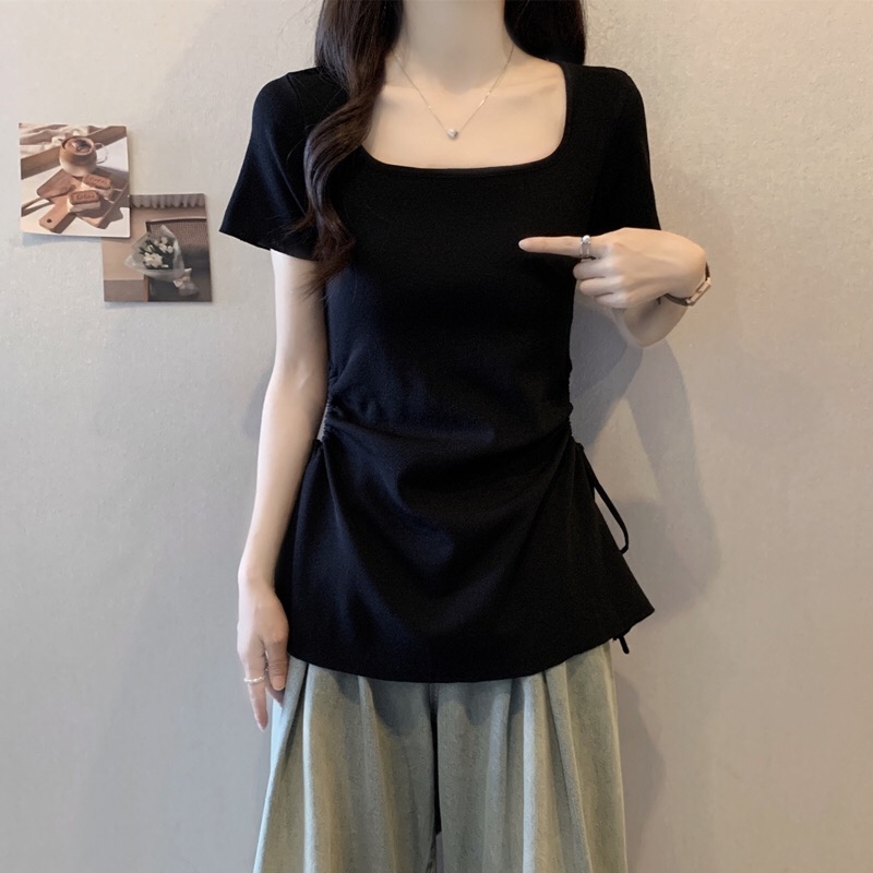 B315(1065) 韩版方领显瘦双边腰镂空抽绳黑黄针织上衣