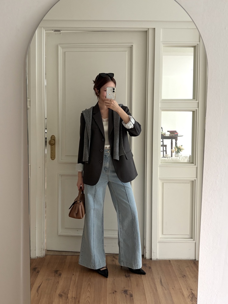 Margot Blazer with Striped Cuffs (Charcoal)