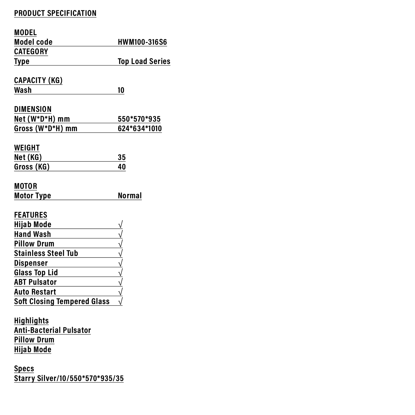 Haier 10kg Top Load Washing Machine (HWM100-316S6)