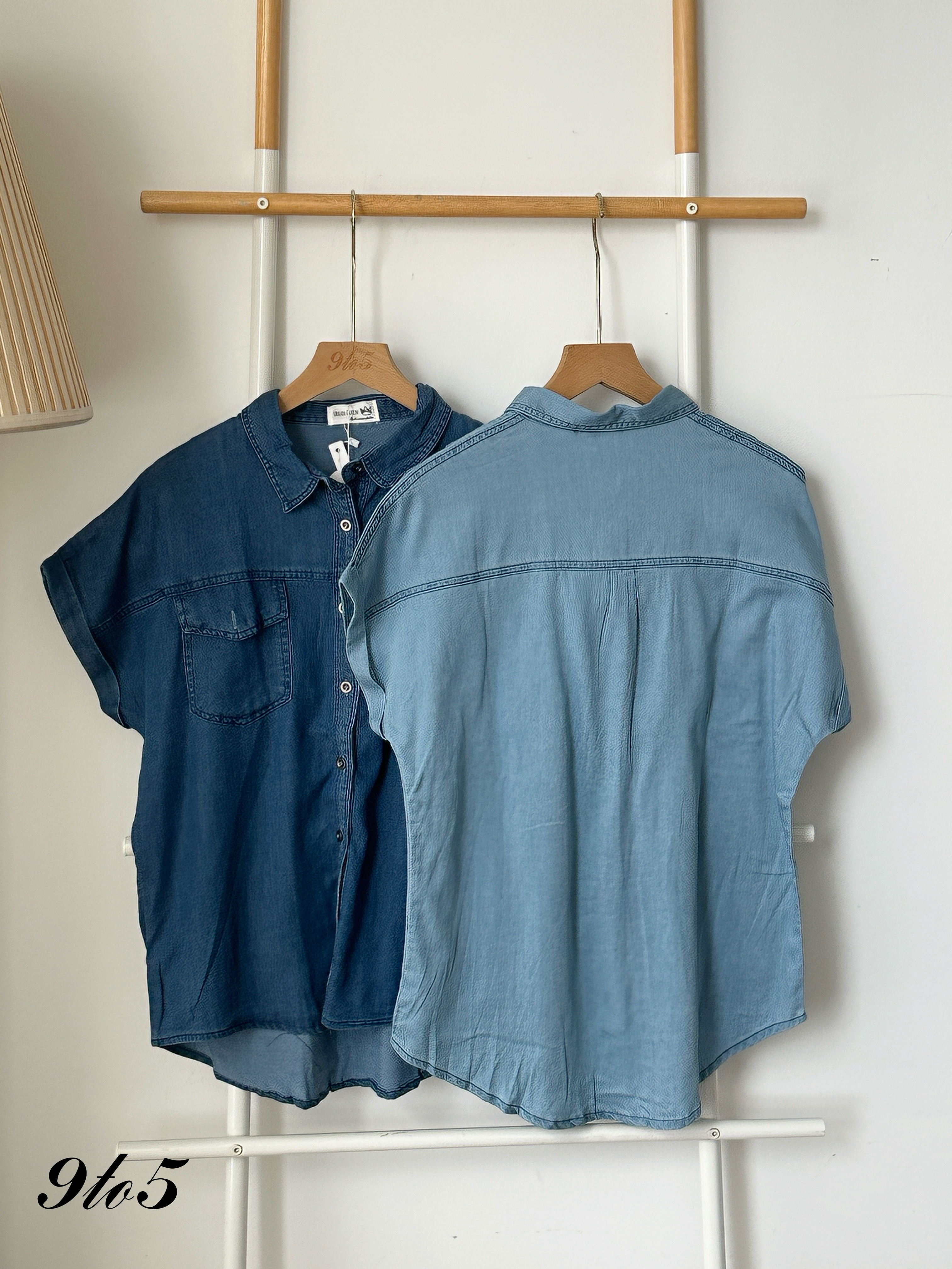 T4103 Cape Sleeve Denim Shirt - Dark Blue & Light Blue