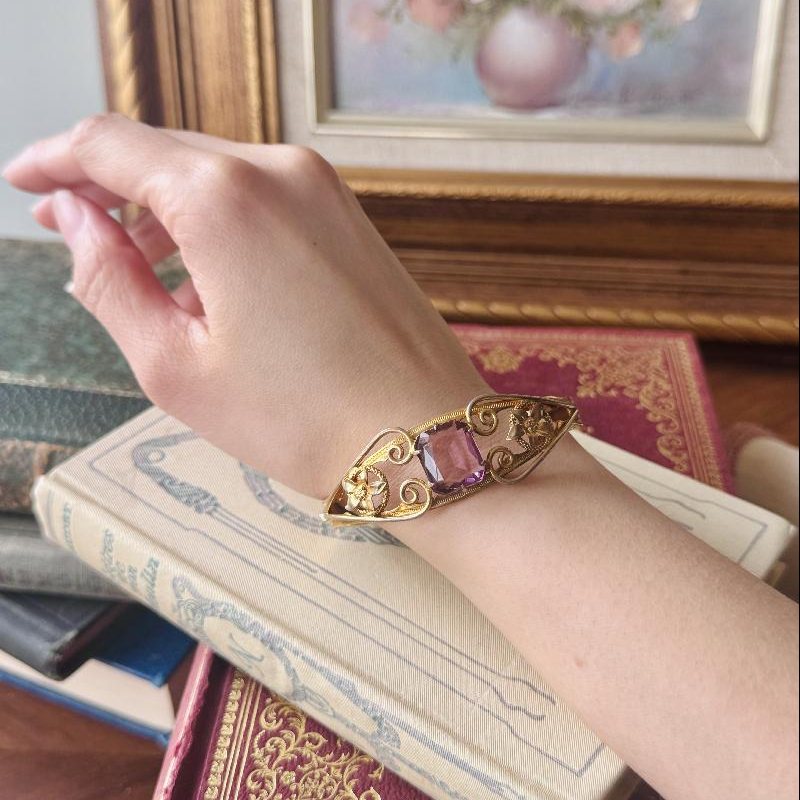 Early 20th Century Gold Filled Faceted Purple Glass Bangle / Hinged Bracelet (MT2307)