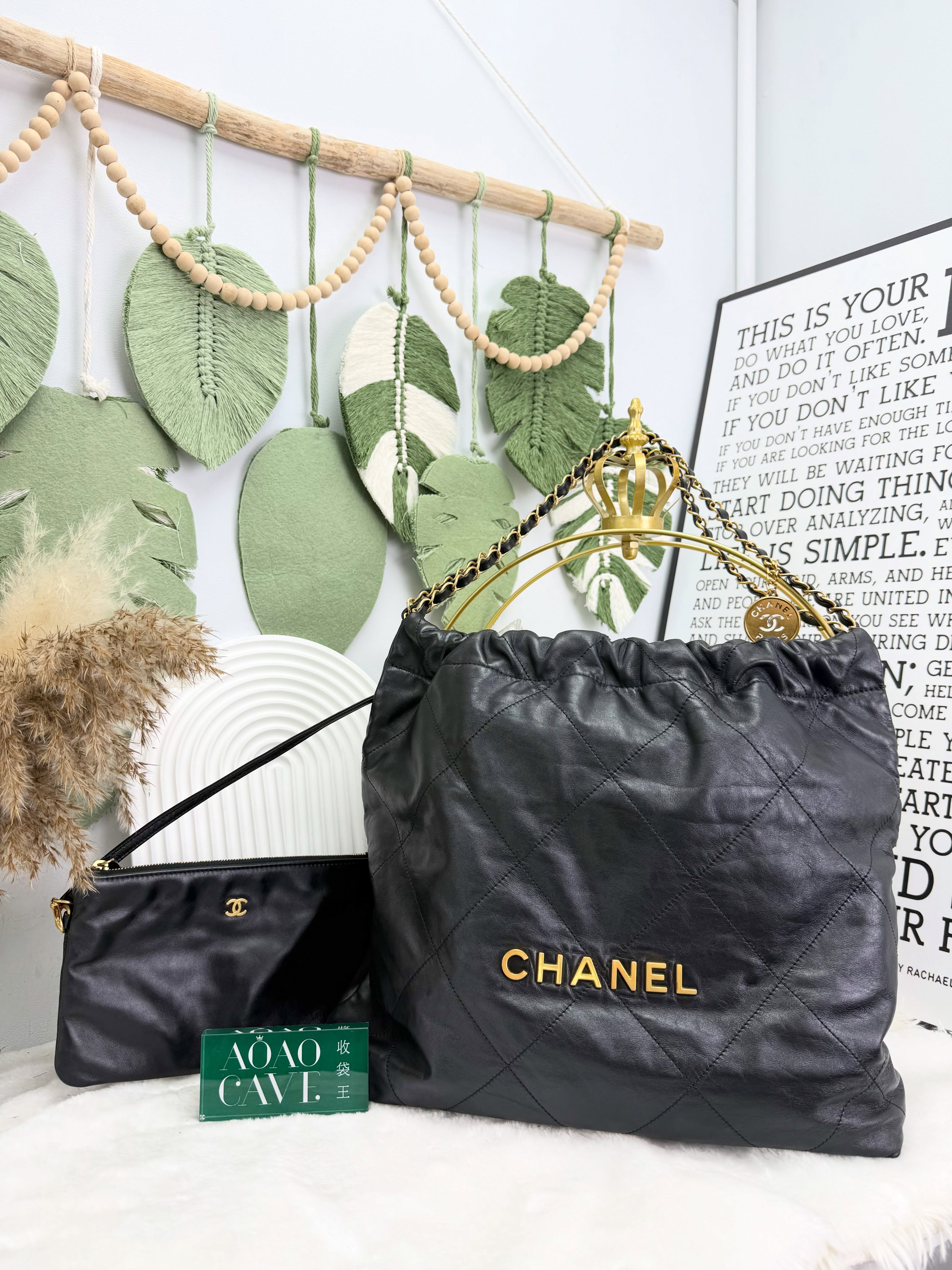Chanel👜 PRE OWNED 🛍️🖤22bag Medium 黑金 有塵袋💼