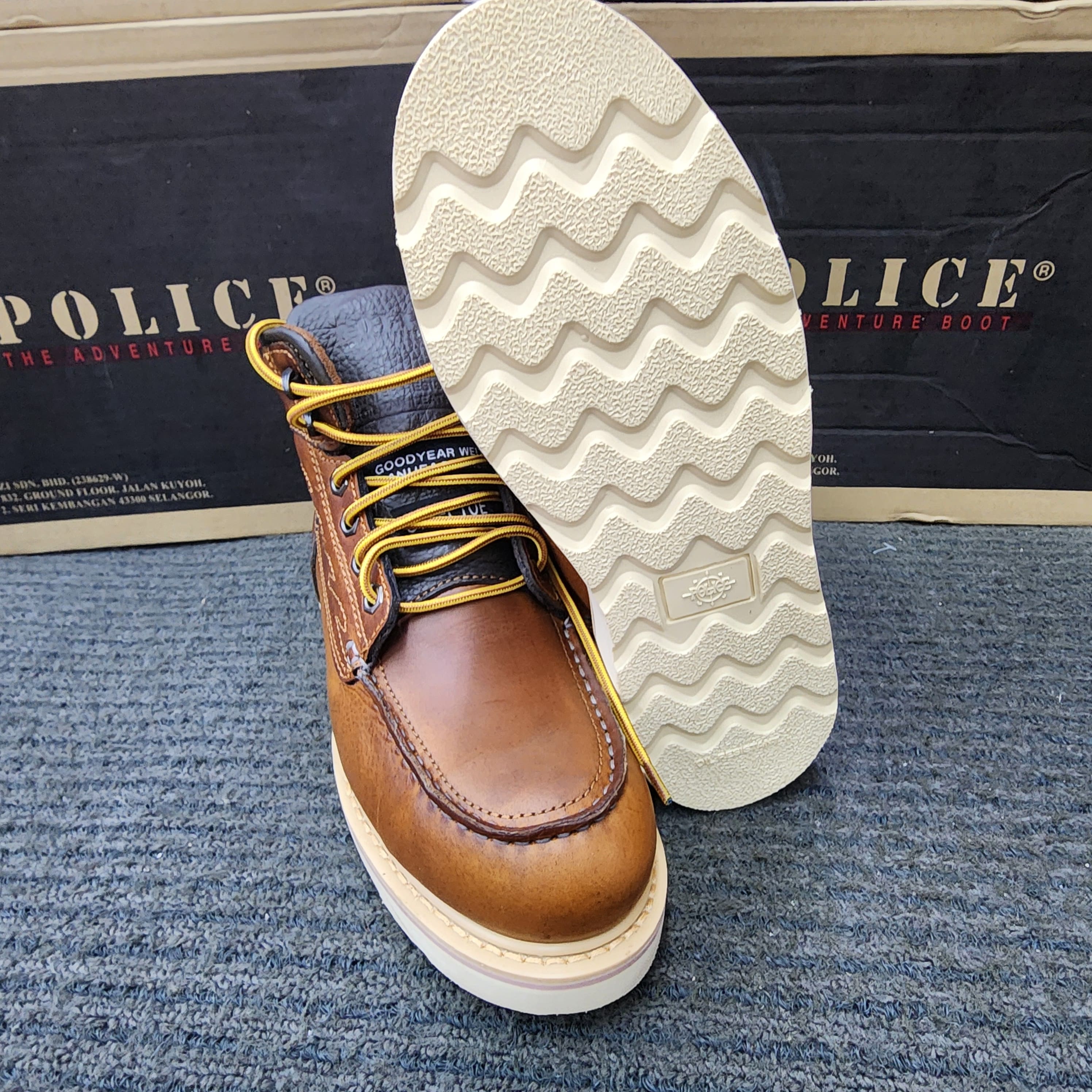 POLICE SAFETY SHOES 92970 Mid Cut Lace Up brown Goodyear Welt Stitching Kasut Keselamatan