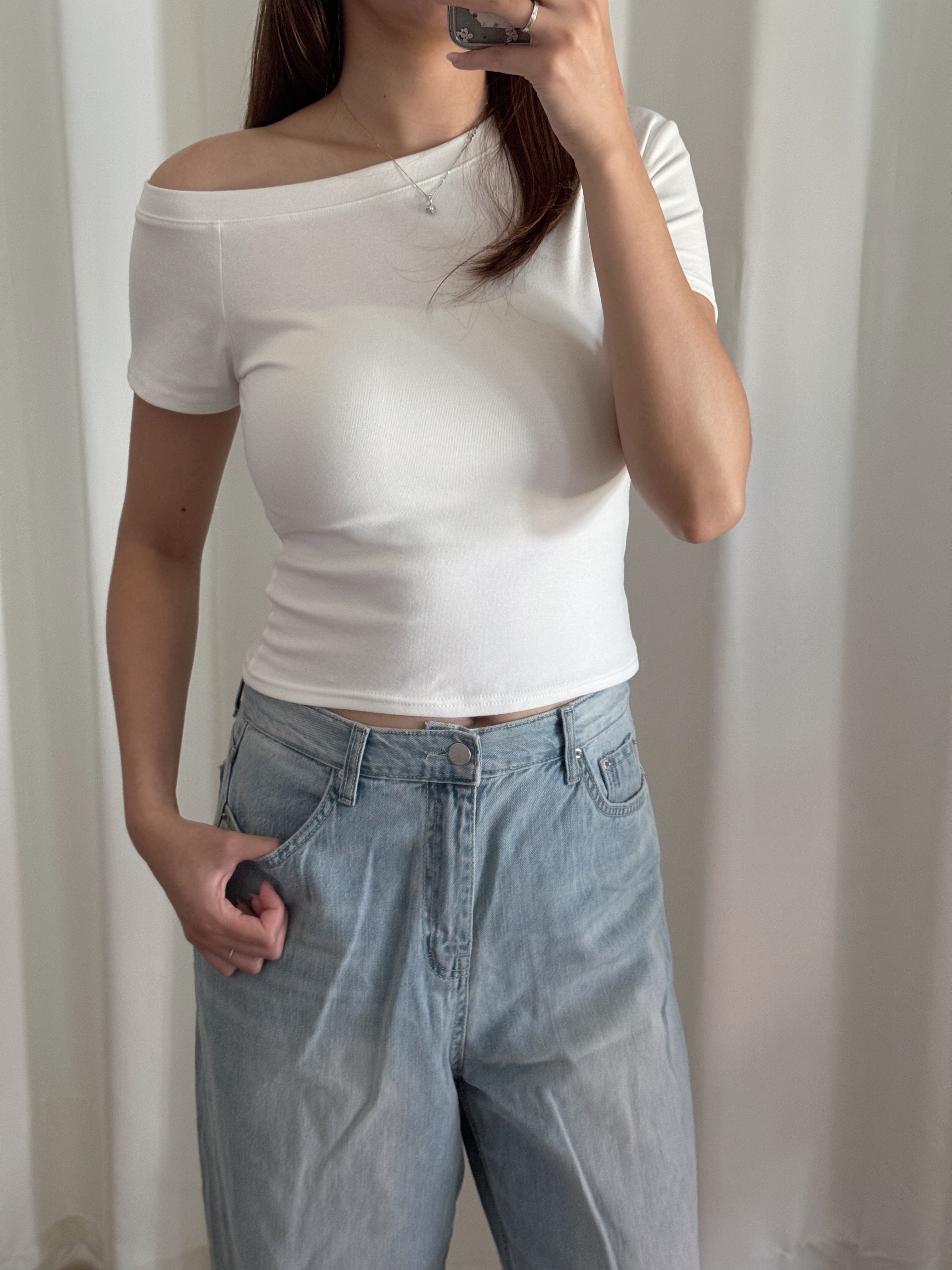 [basic tee]簡約淨色斜肩短袖上衣(三色入)