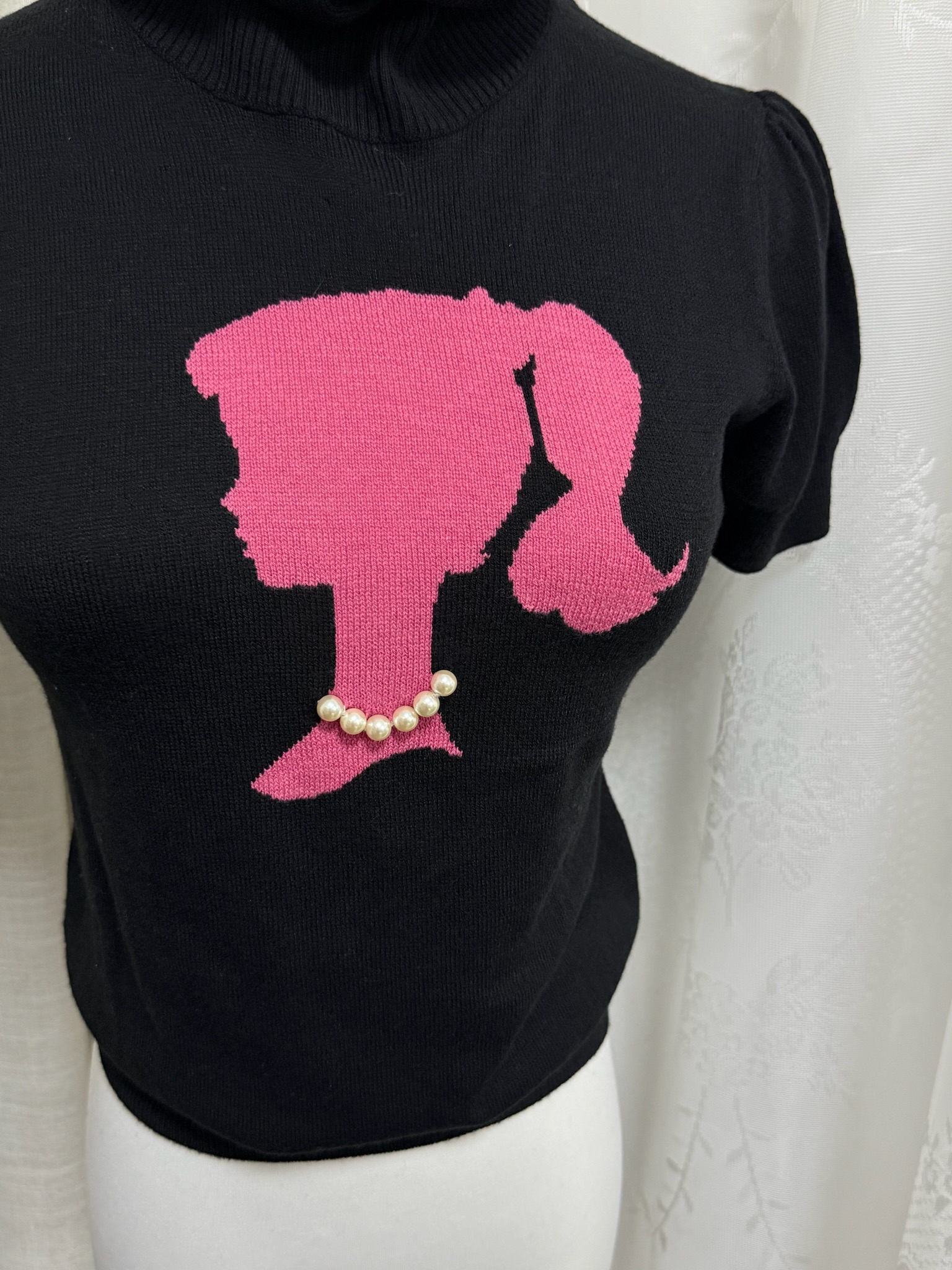 2008sOfficial Barbie 3D Pearl High-Neck Knitted Short-Sleeve Top