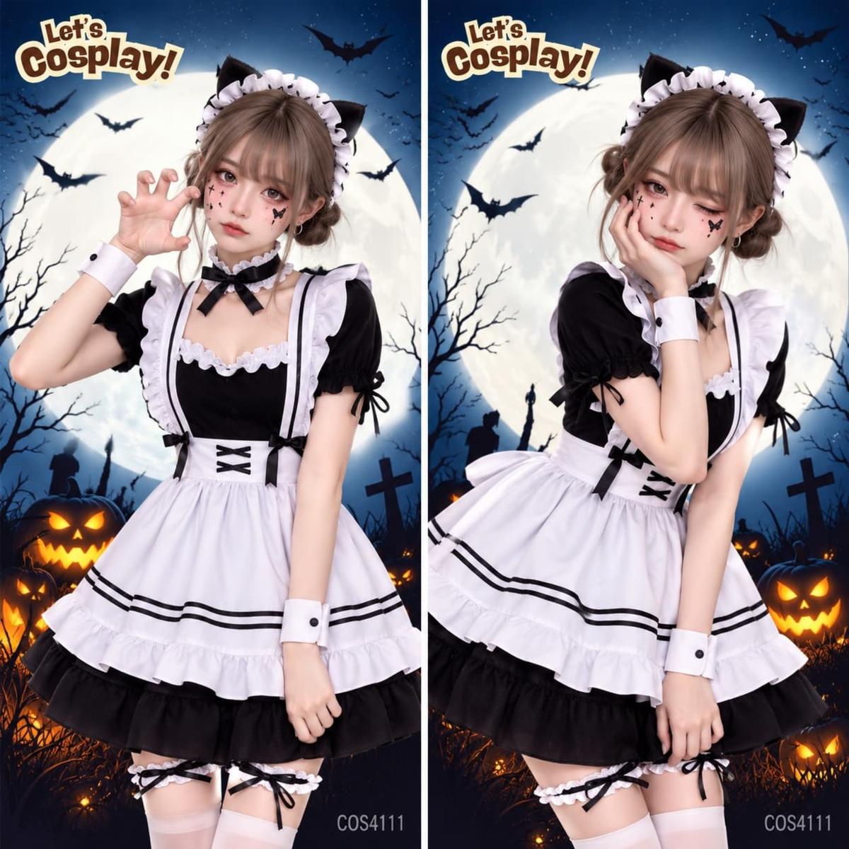 成人女士黑白貓耳Lolita女僕裝連配件,香港現貨Lets Cosplay COS4111