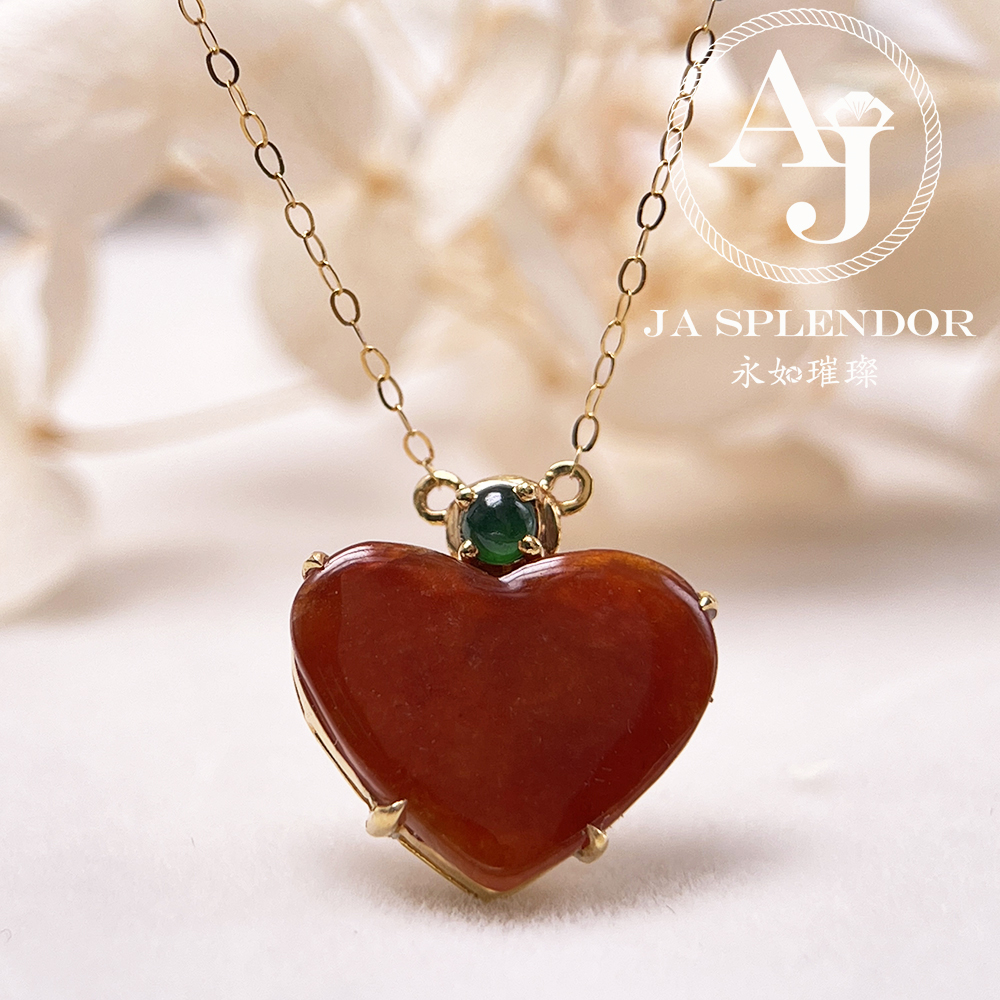 JNk-12 天然翡翠A玉 冰潤紅翡翠心心相印18K金吊墜連項鏈