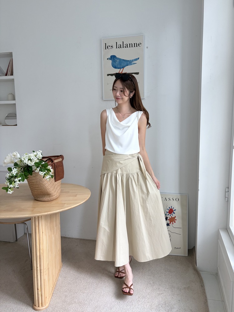 Wrap-Waist Flare Skirt (Beige)