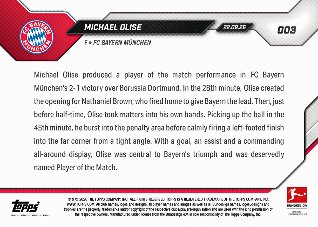 Michael Olise - 2026/27 Bundesliga Topps NOW® #3 Bayern München 紀念卡【團購】
