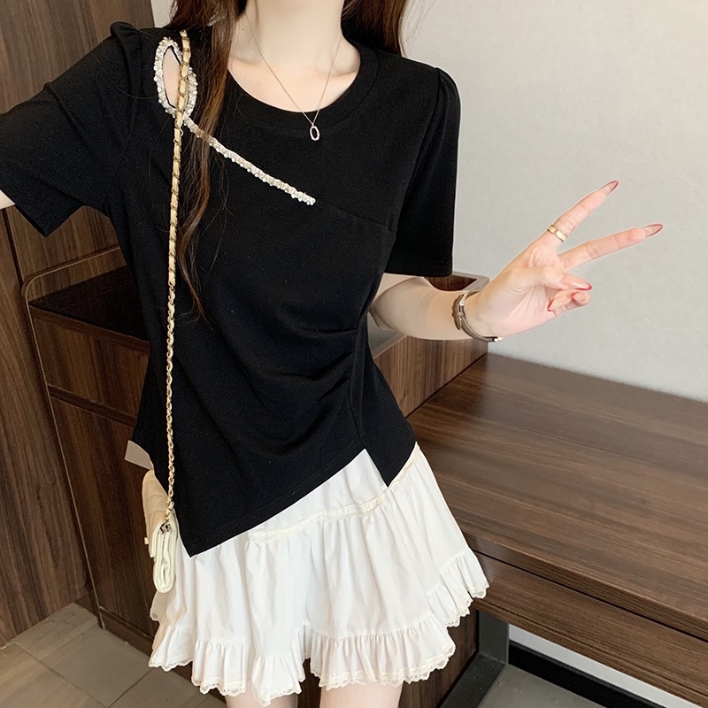 B317(36900) 法式别致肩边镂空斜排ZICZAC银钉下摆斜角4色上衣