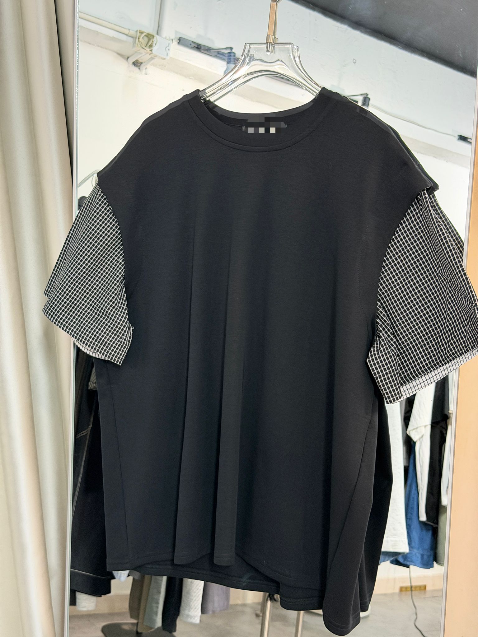 撞色格紋拼接寬鬆上衣