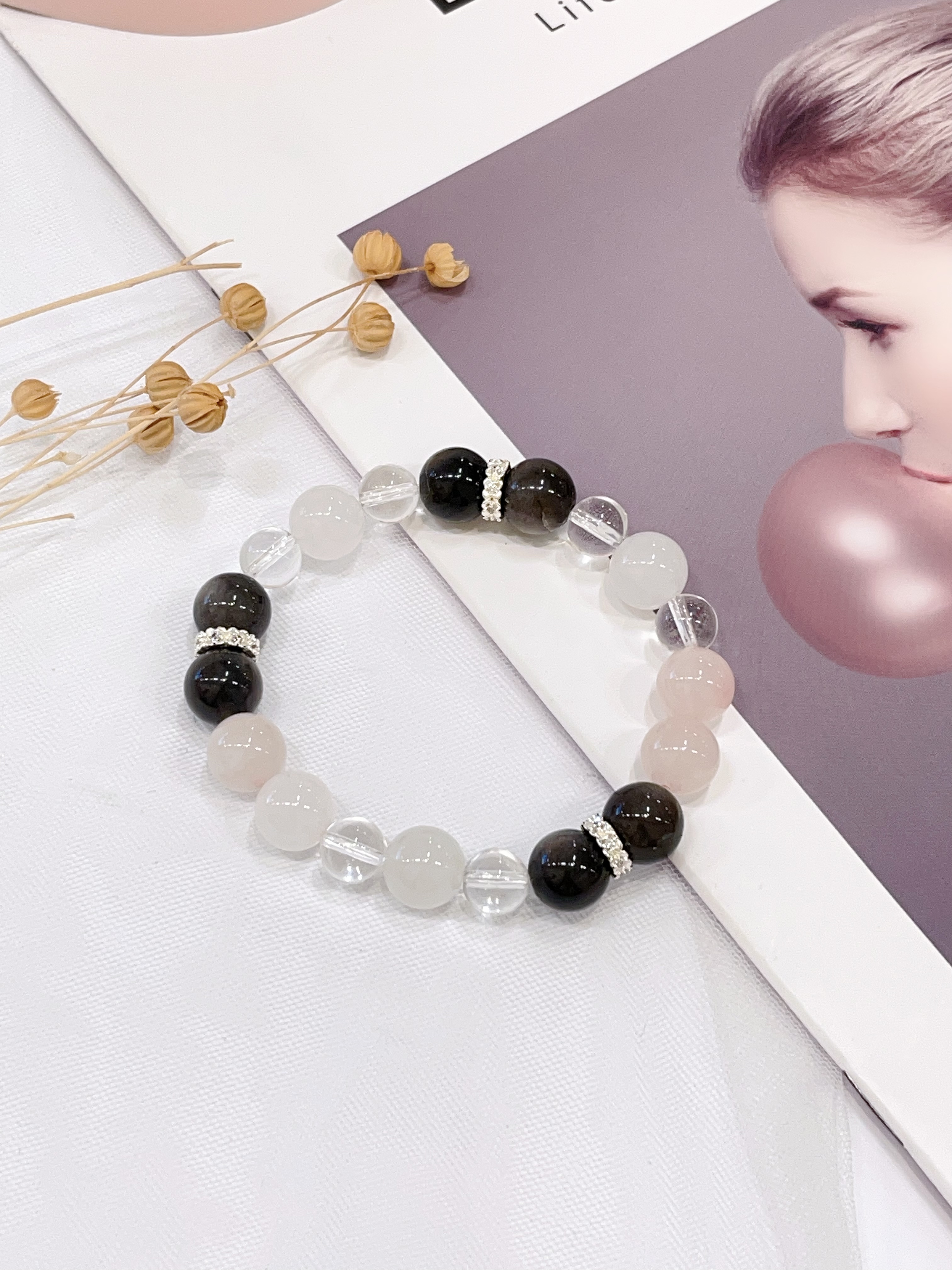 ✨ 银曜石 × 白水晶 × 粉水晶 × 白幽灵手串 Silver Obsidian & Clear Quartz & Rose Quartz & White Phantom Quartz | 8mm-10mm 