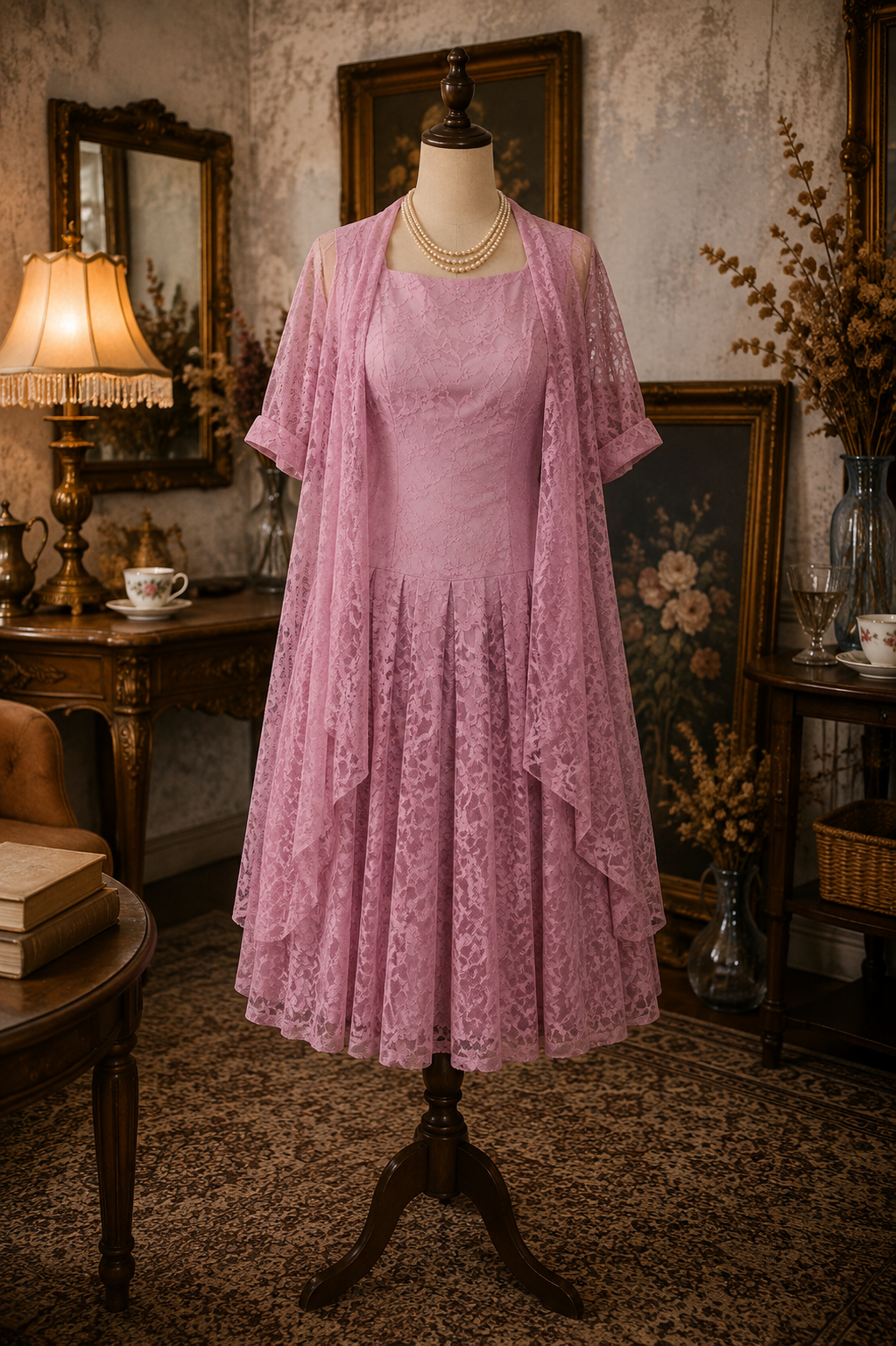 RARE! 1950s Soft Pink Lace Twin Set from Canada- Fit & Flare Dress with Outer(MT891)