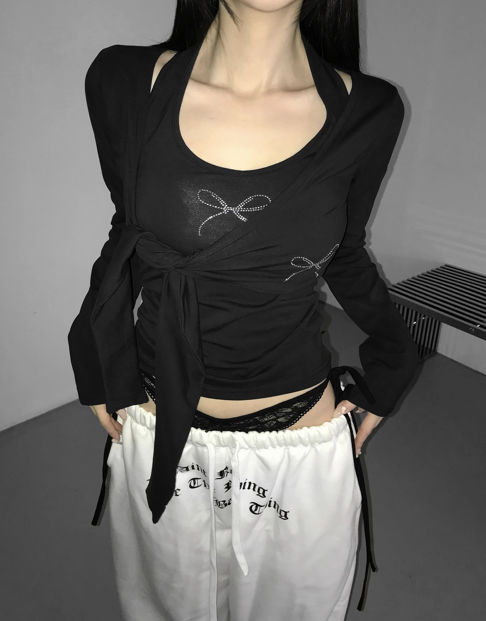 Layered Lace Waist Graphic Wide Leg Pants